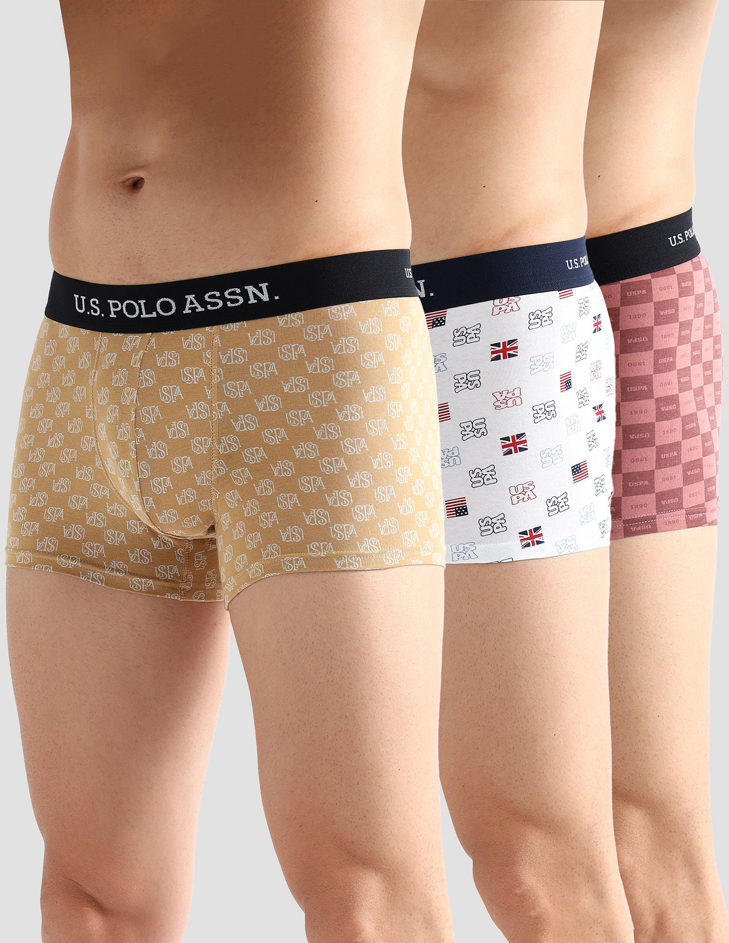 Elasticized Waist Solid OET14 Trunks - Pack Of 3 Old Rose, Iced Coffee and White - U.S. POLO ASSN. | Large