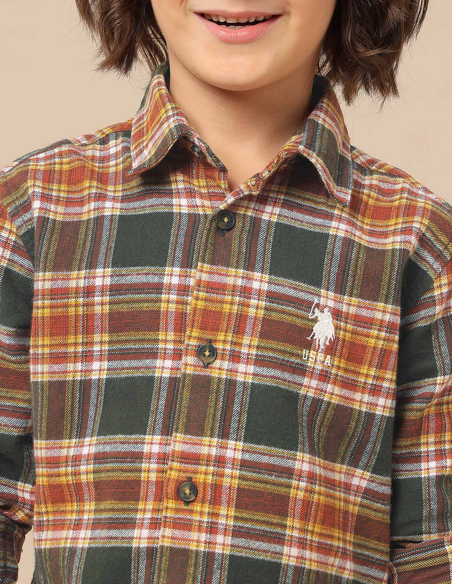 Boys Plaid Checked Twill Shirt Orange - U.S. POLO ASSN. | Large