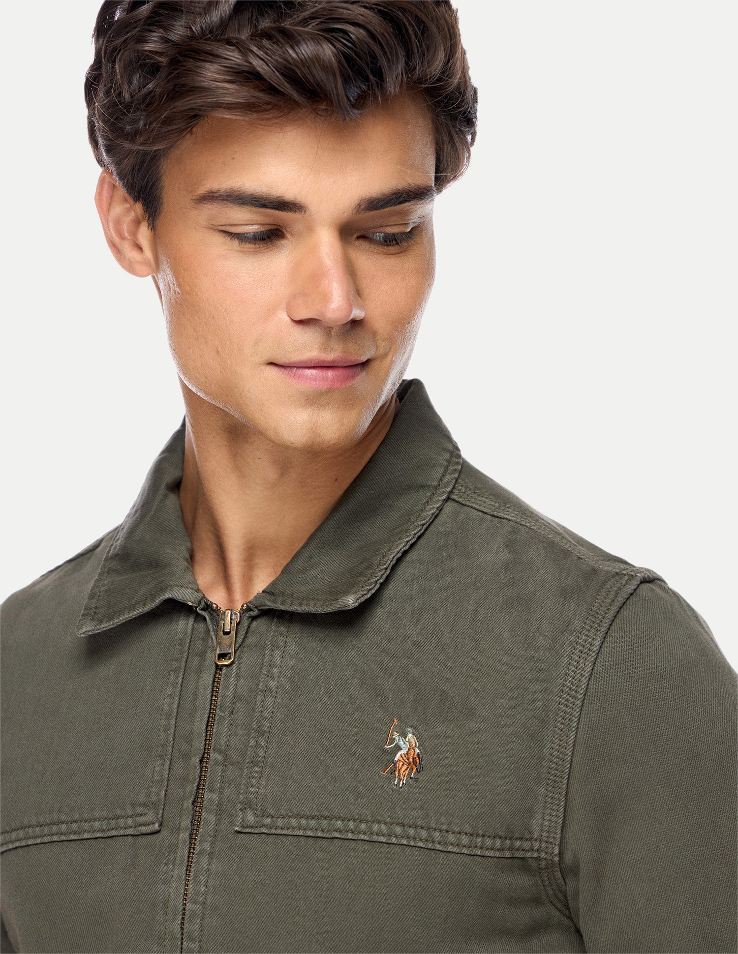 Solid Regular Fit Trucker Jacket Olive - U.S. Polo Assn. India | Large