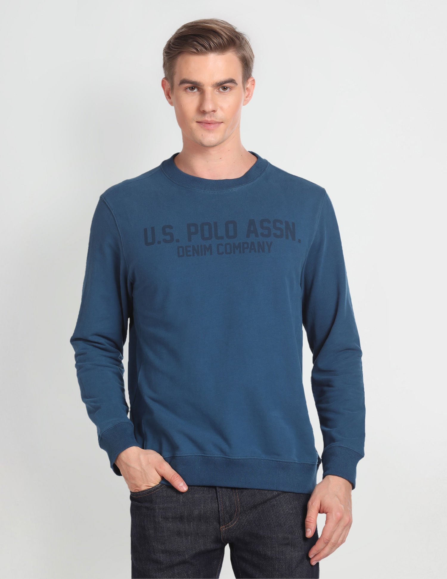 Brand Print Crew Neck Sweatshirt Teal - U.S. Polo Assn. India | Large