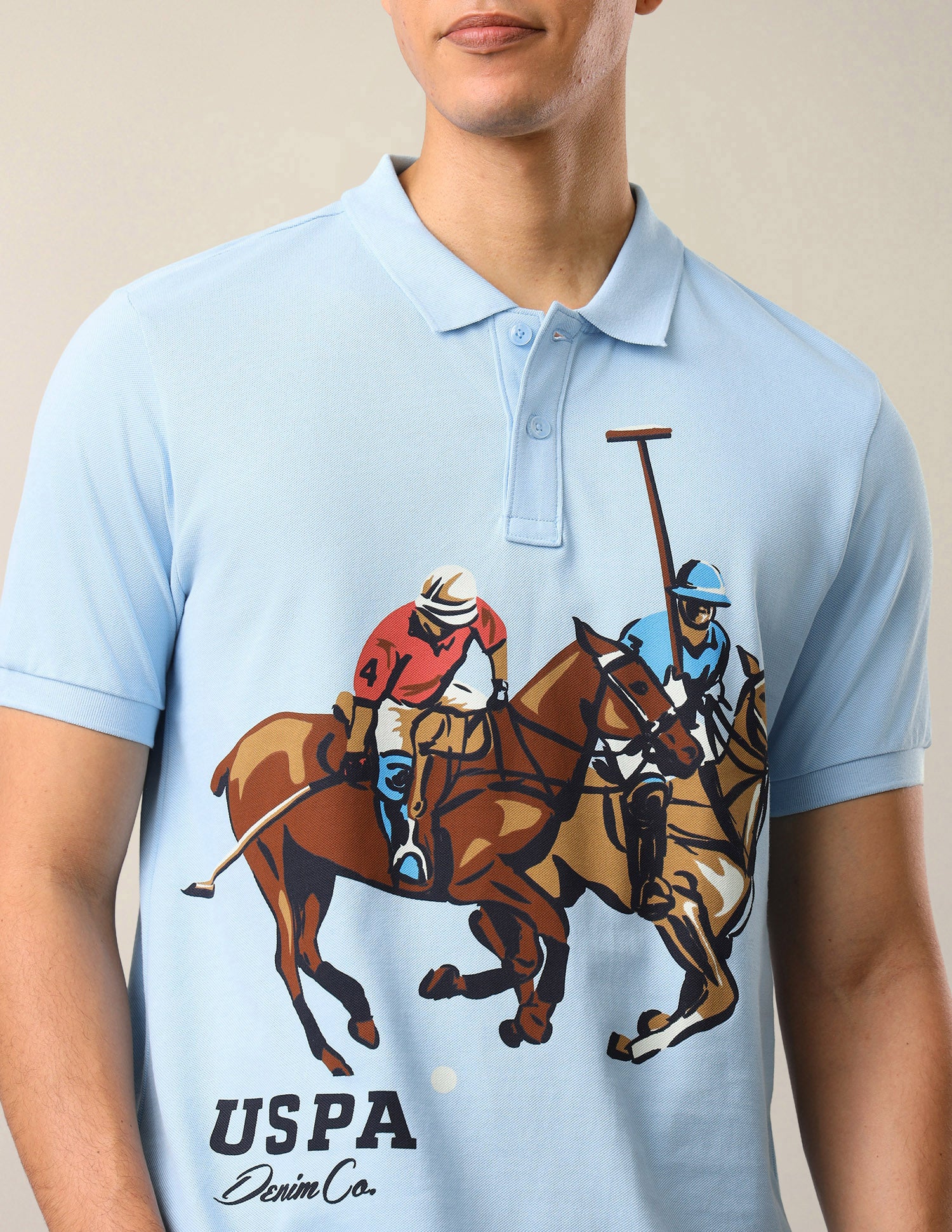 Graphic Brand Printed Slim Fit Polo Shirt Light Blue - U.S. Polo Assn. India | Large