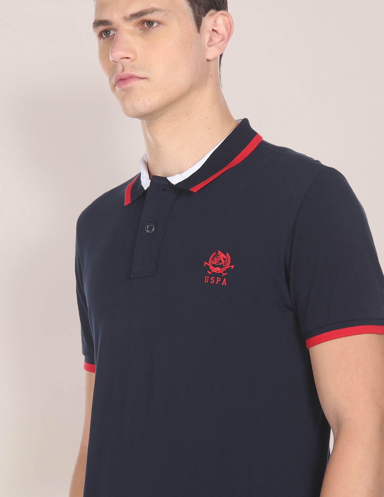Men Navy Cotton Solid Polo Shirt Navy - U.S. POLO ASSN. | Large