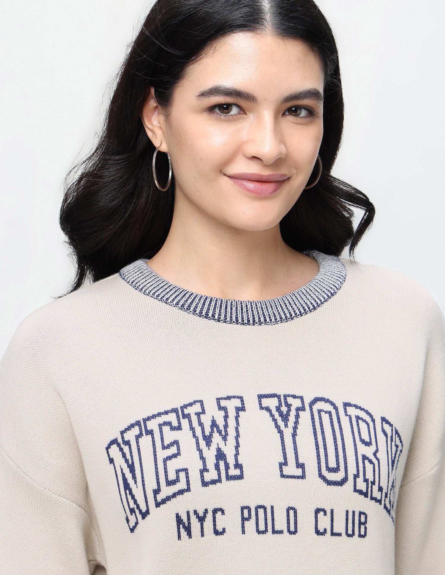 Typographic Patterned Knit Oversized Fit Sweater Off White - U.S. Polo Assn. India | Large