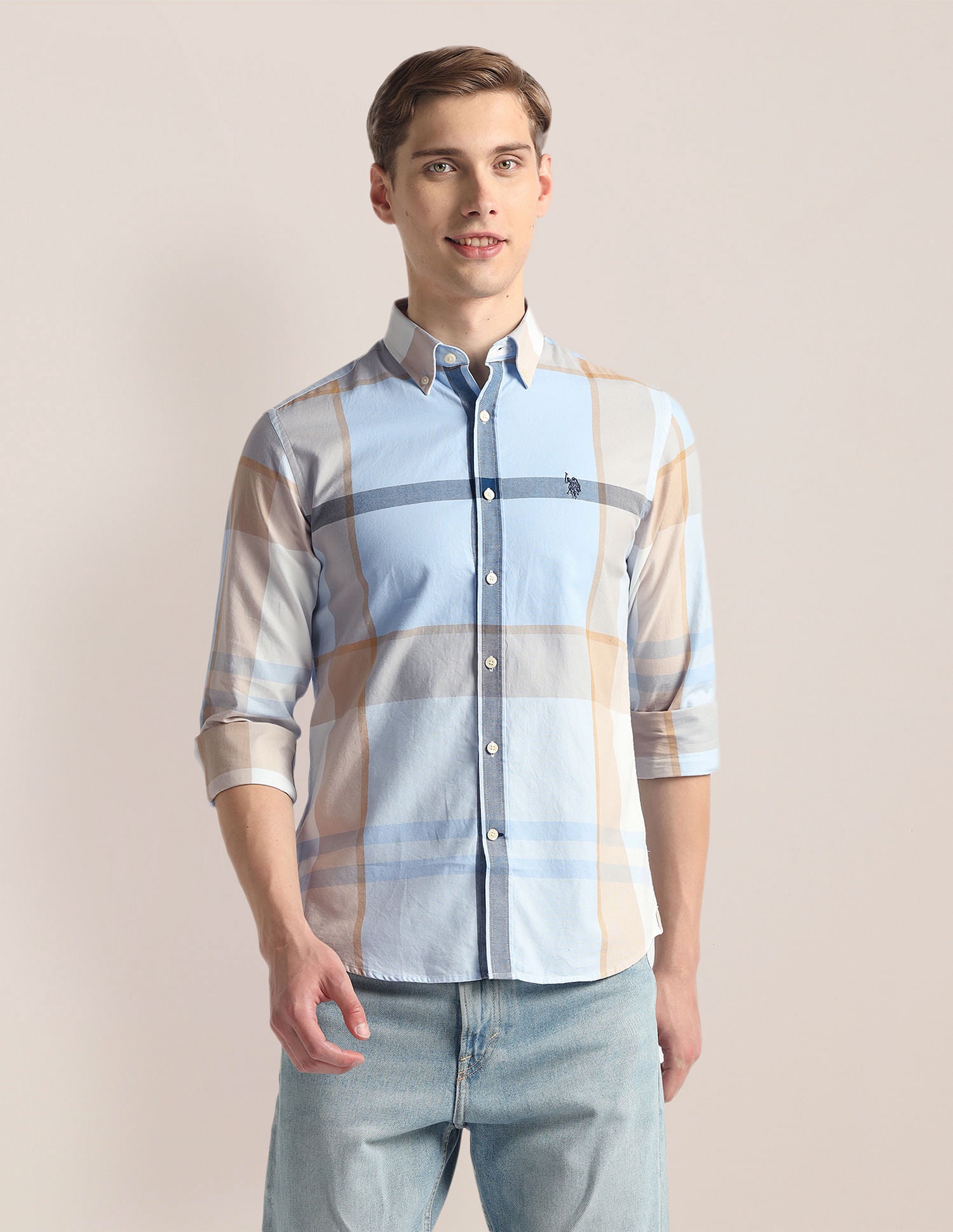 Plaid Check Pinpoint Oxford Shirt Blue - U.S. Polo Assn. India | Large