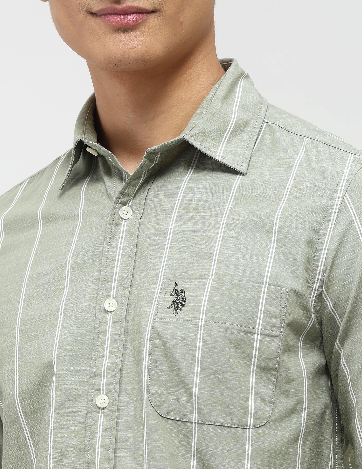 Vertical Striped Pure Cotton Shirt Light Olive - U.S. Polo Assn. India | Large