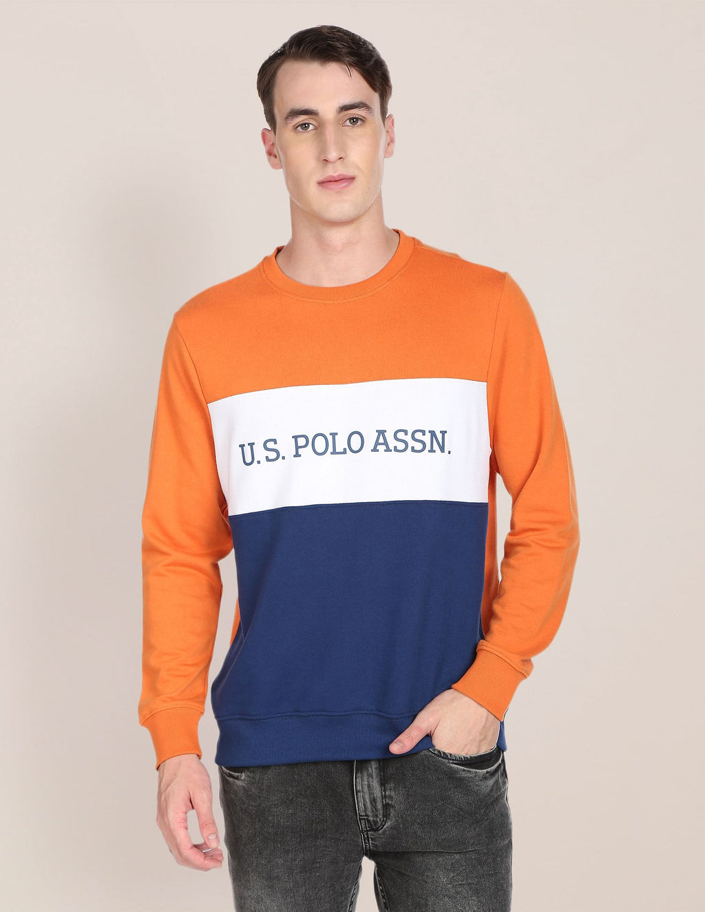 Buy Men Colour Block Crew Neck Sweatshirt Orange|U.S. Polo Assn. India