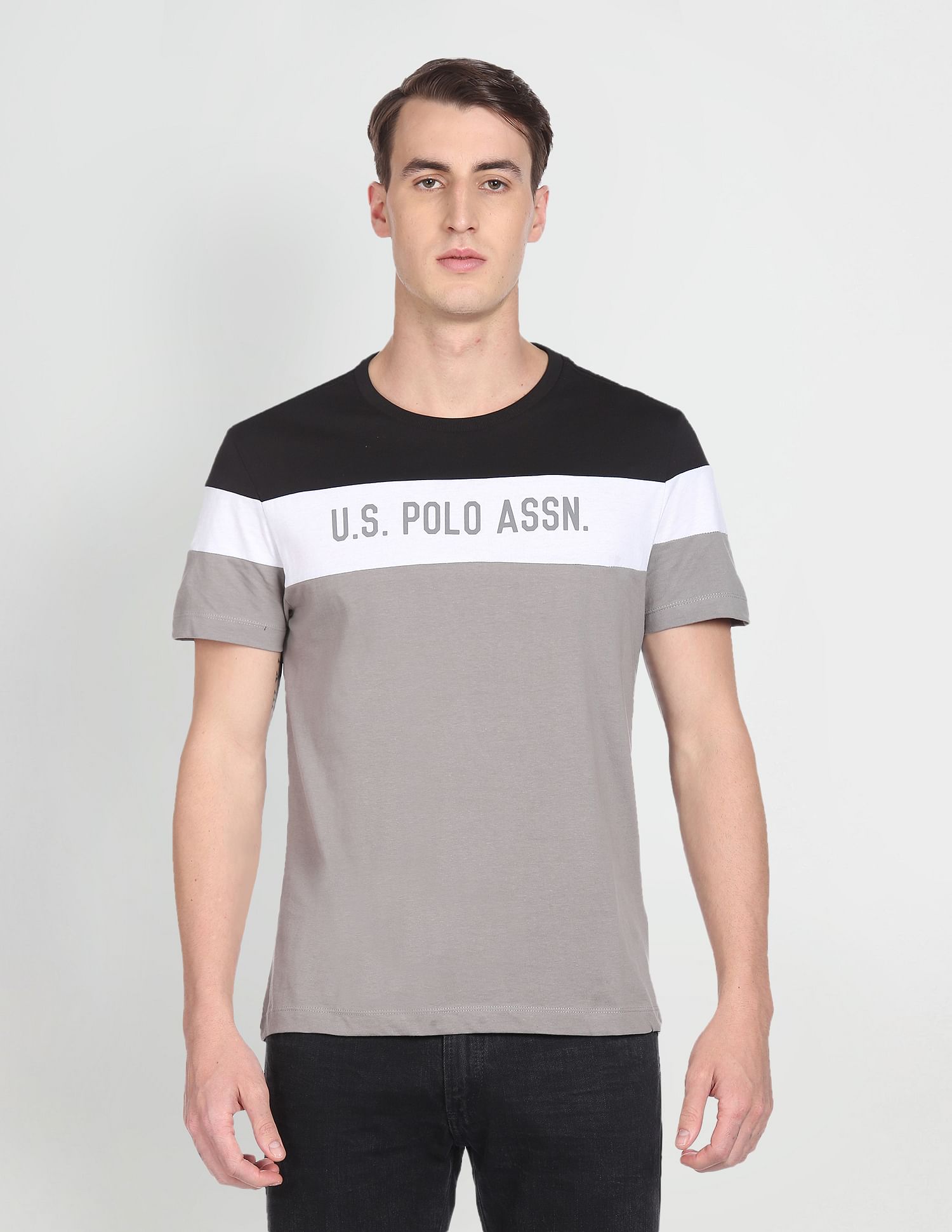 Colour Block Cotton T-Shirt Black, Grey and White - U.S. POLO ASSN. | Large