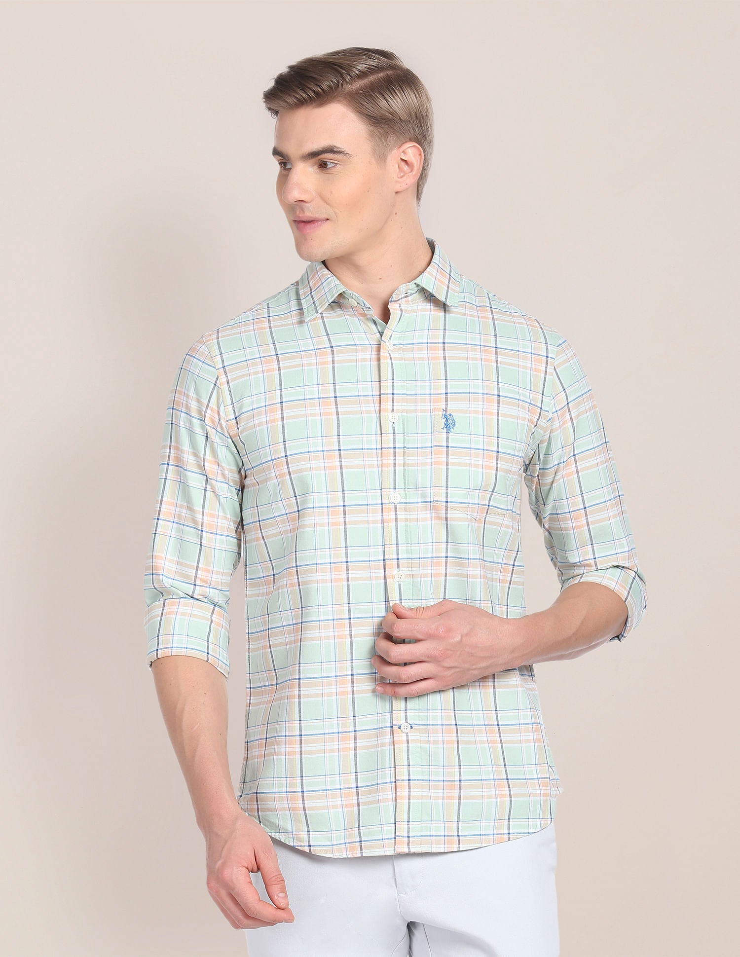 Plaid Check Cotton Shirt Light Green - U.S. Polo Assn. India | Large