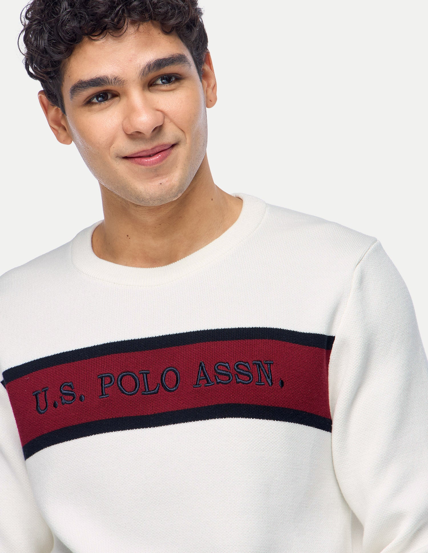 Brand Embroidered Colorblocked Slim Fit Sweater Off White - U.S. Polo Assn. India | Large