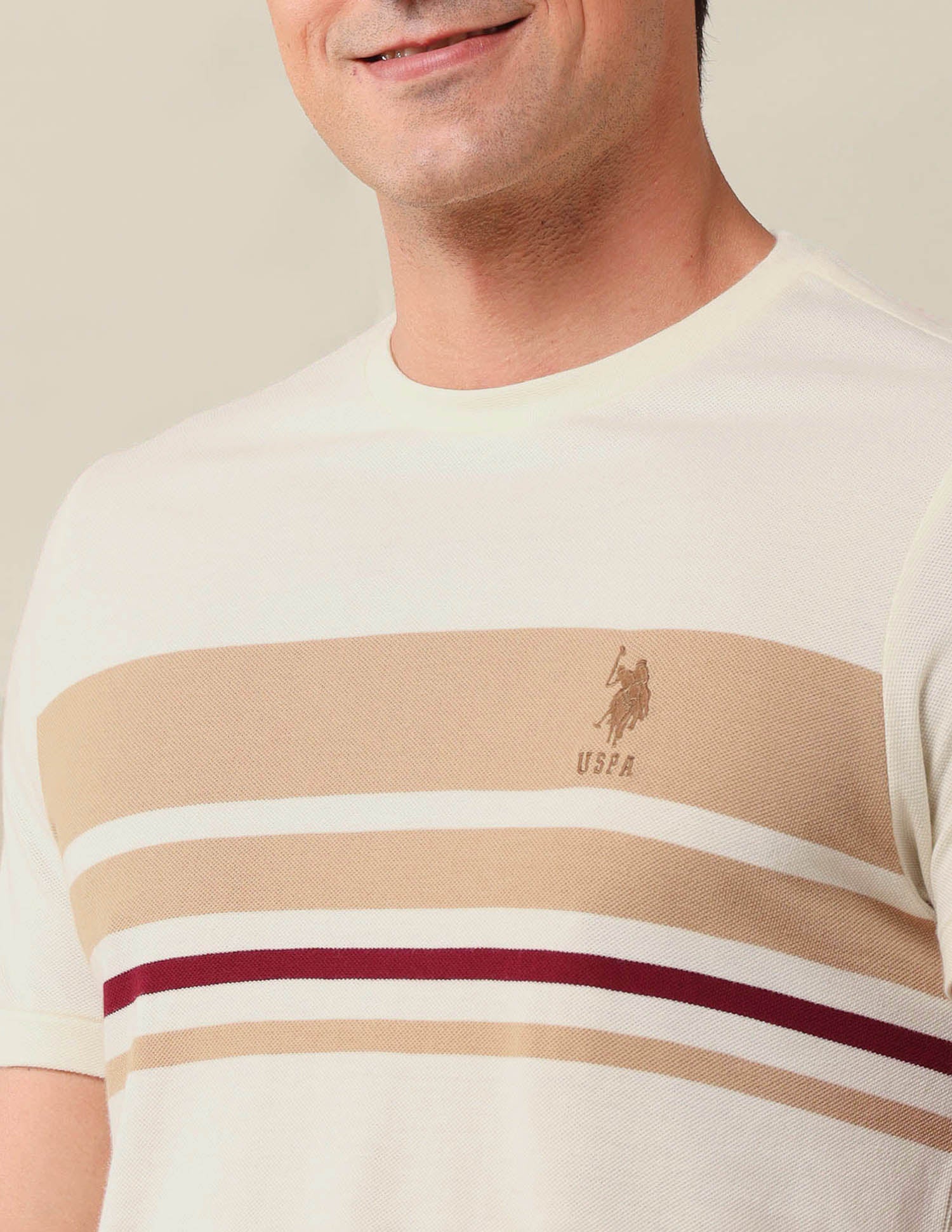 Horizontal Striped Slim Fit T-Shirt Beige - U.S. Polo Assn. India | Large