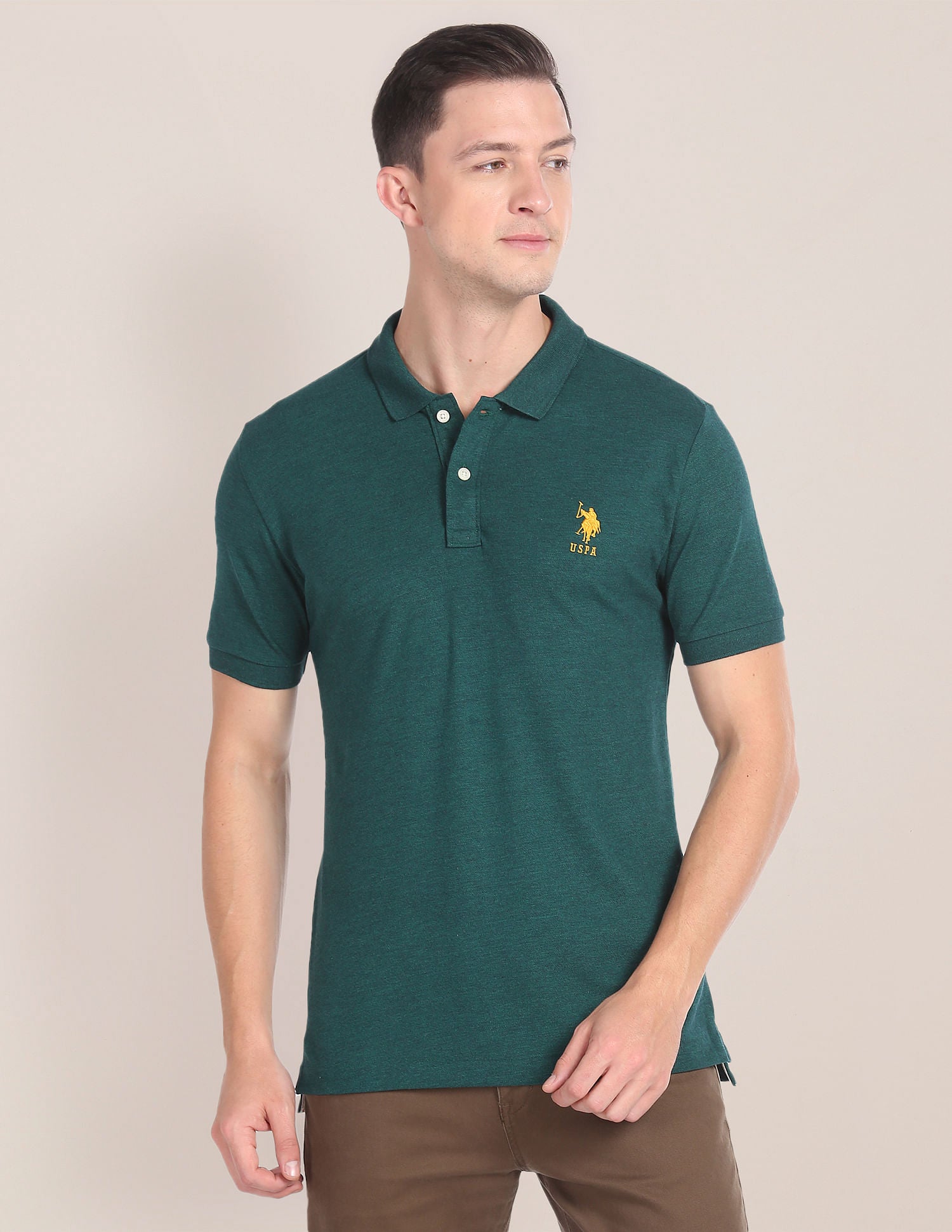 Embroidered Logo Heathered Polo Shirt Dark Green - U.S. Polo Assn. India | Large
