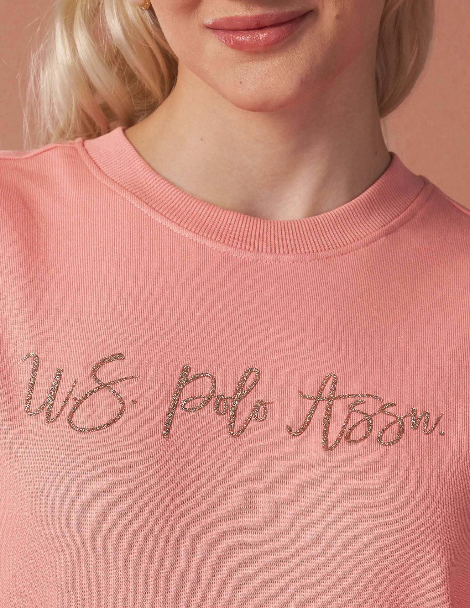 Drop Shoulder Glitter Print Sweatshirt Peach - U.S. POLO ASSN. | Large