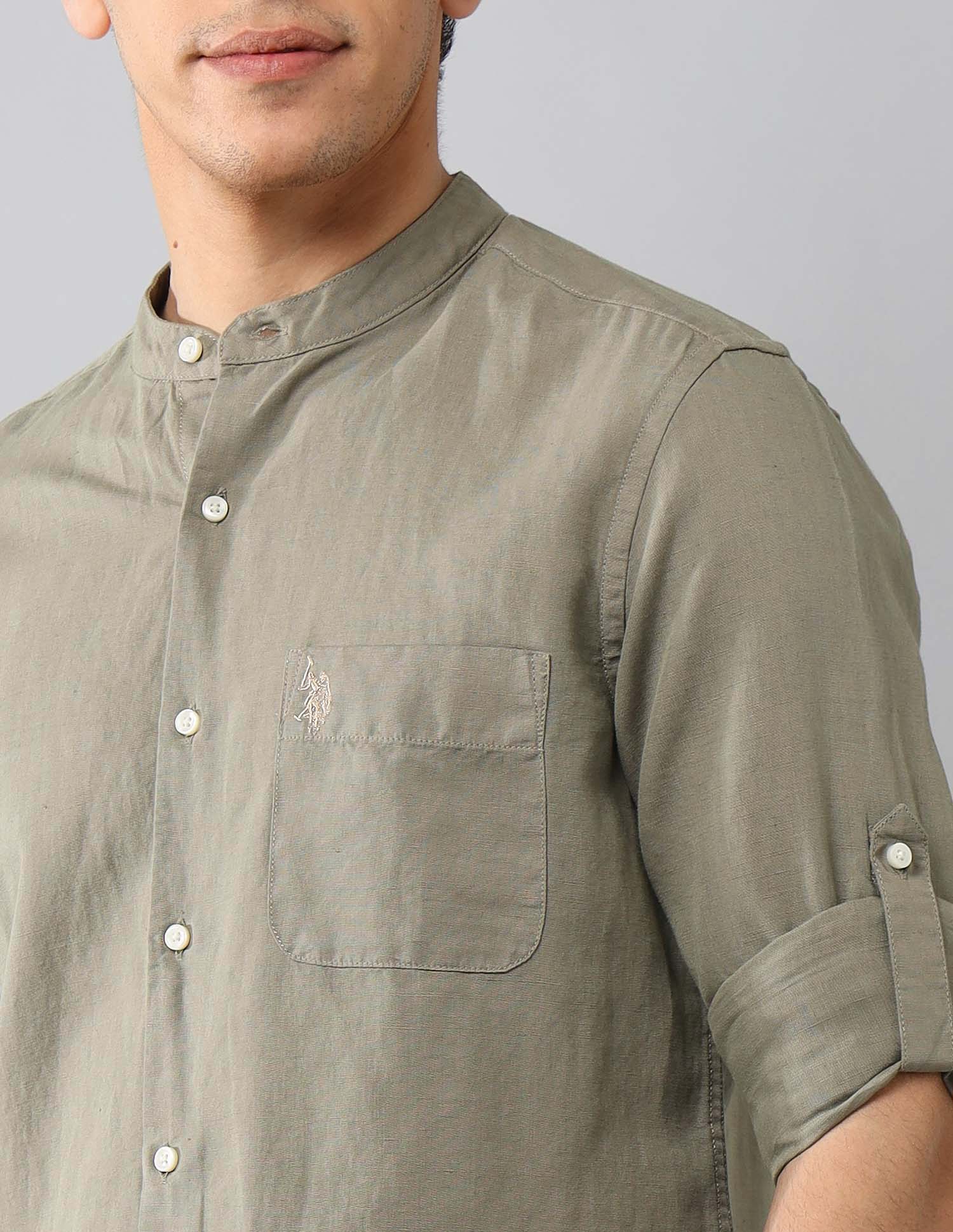 Solid Mandarin Collar Shirt Olive - U.S. Polo Assn. India | Large