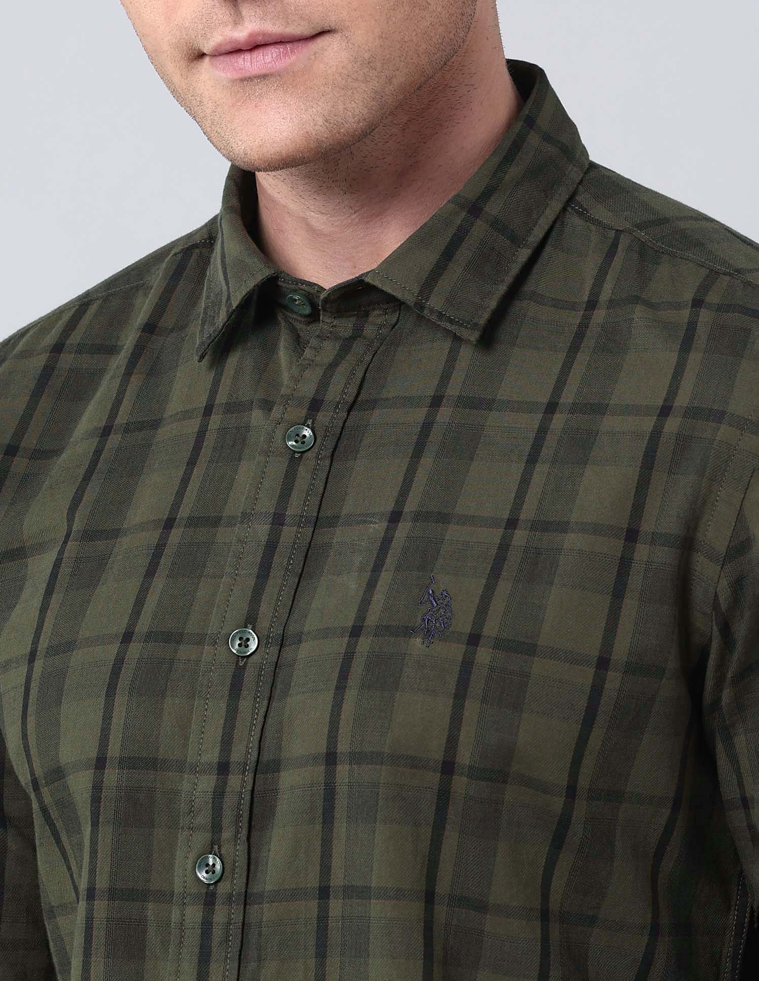 Grid Tattersall Checked Pure Cotton Shirt Olive - U.S. Polo Assn. India | Large
