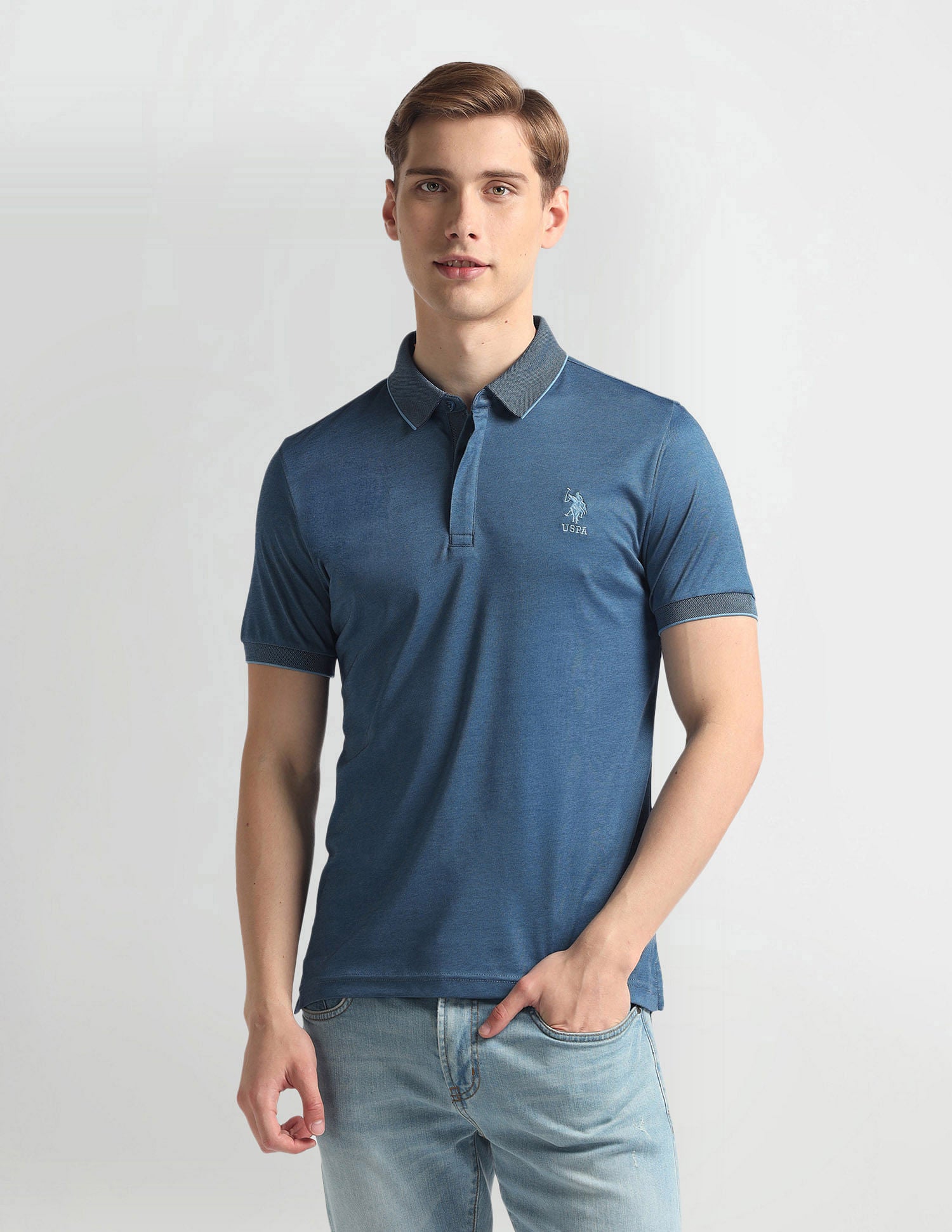 Ribbed Collar Solid Polo Shirt Blue - U.S. Polo Assn. India | Large