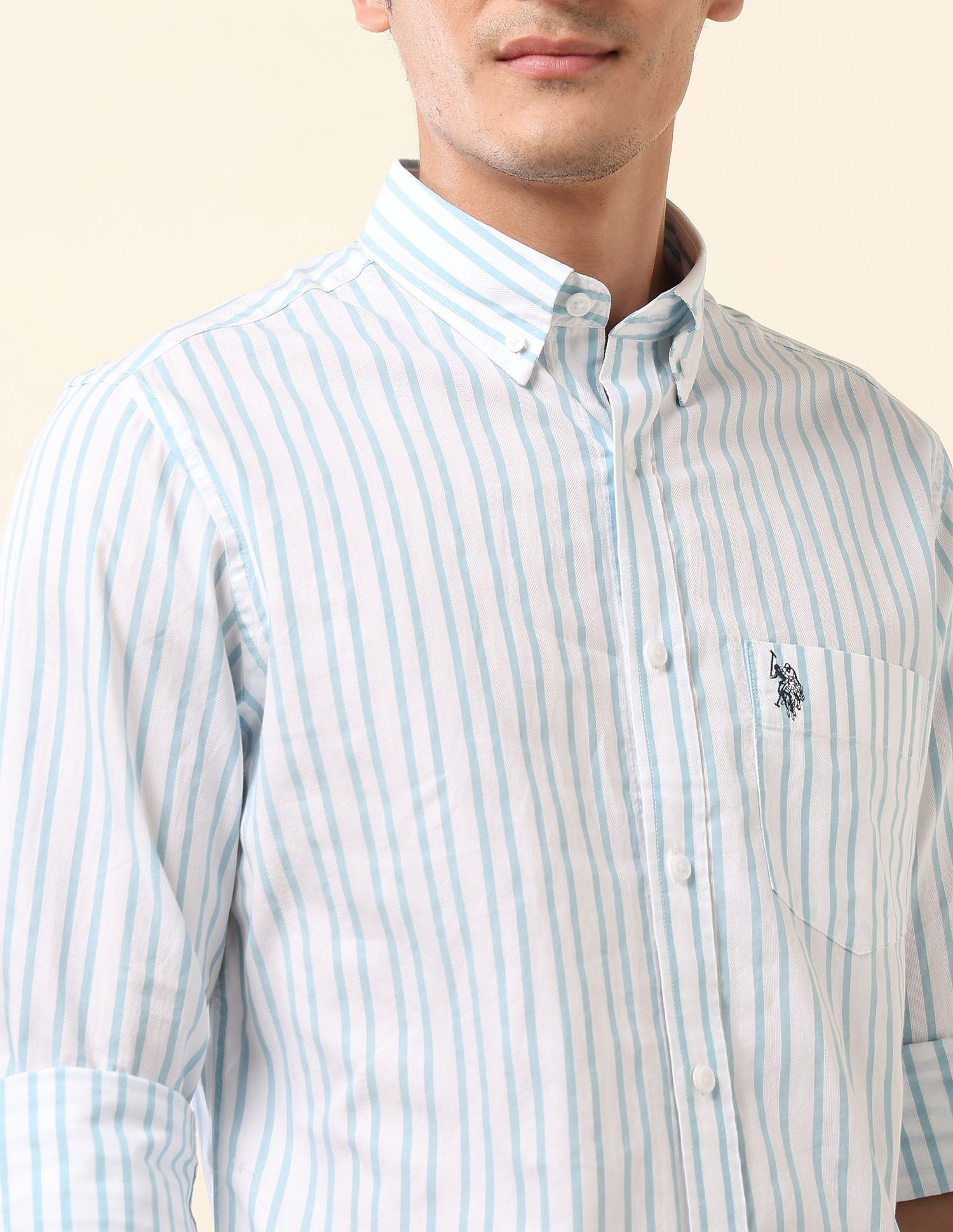 Vertical Striped Pure Cotton Shirt Aqua - U.S. Polo Assn. India | Large