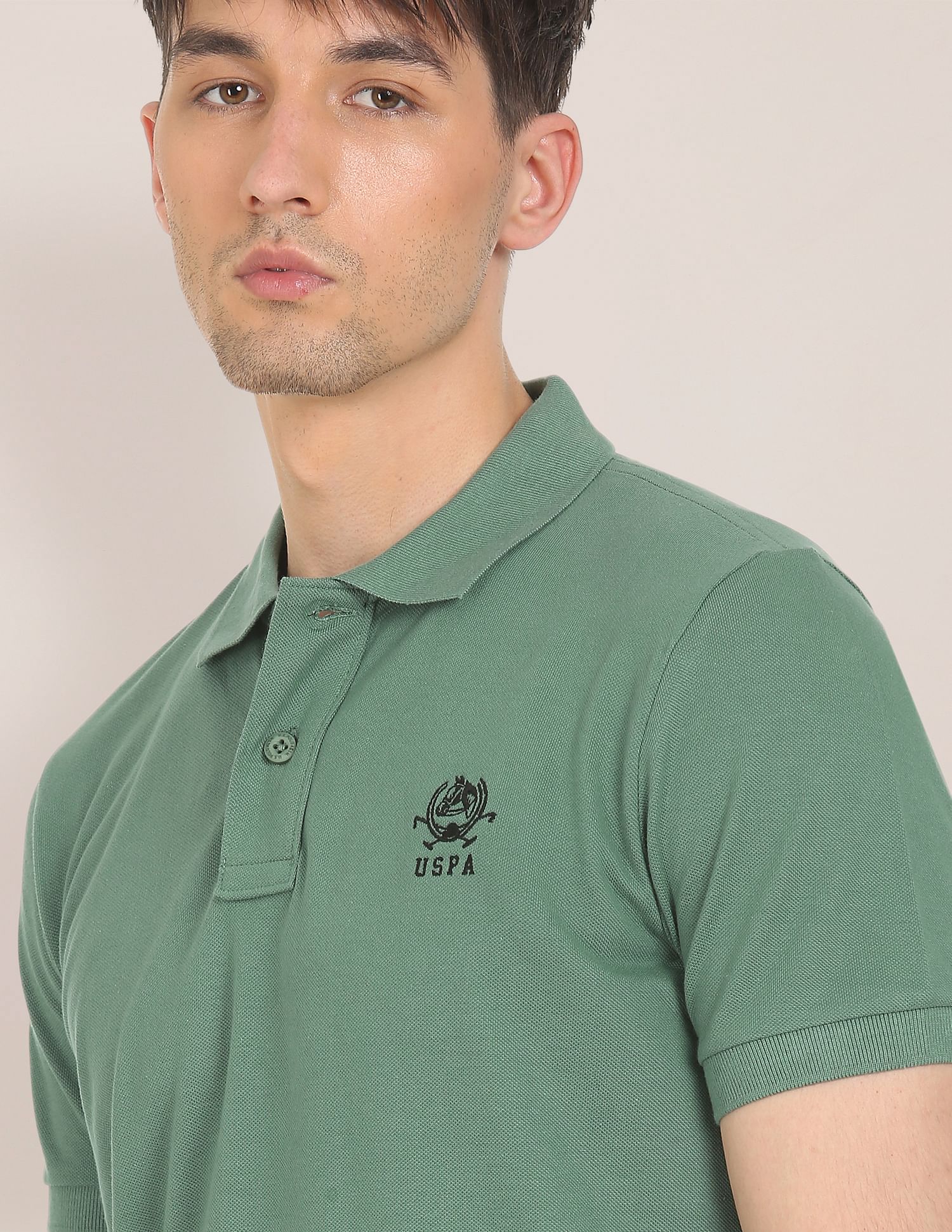 Men Green Cotton Solid Polo Sirt Green - U.S. Polo Assn. India | Large