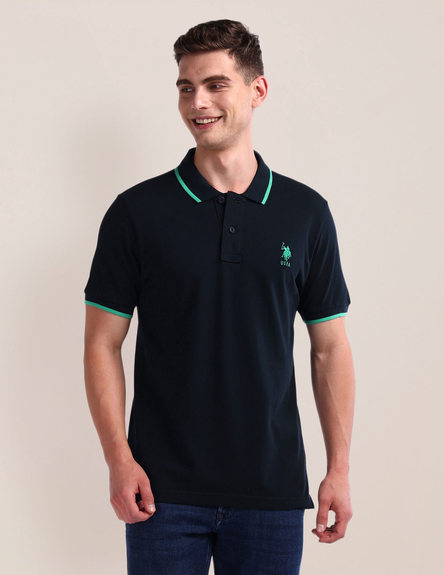 Slim Fit Solid Polo Shirt Navy - U.S. Polo Assn. India | Large