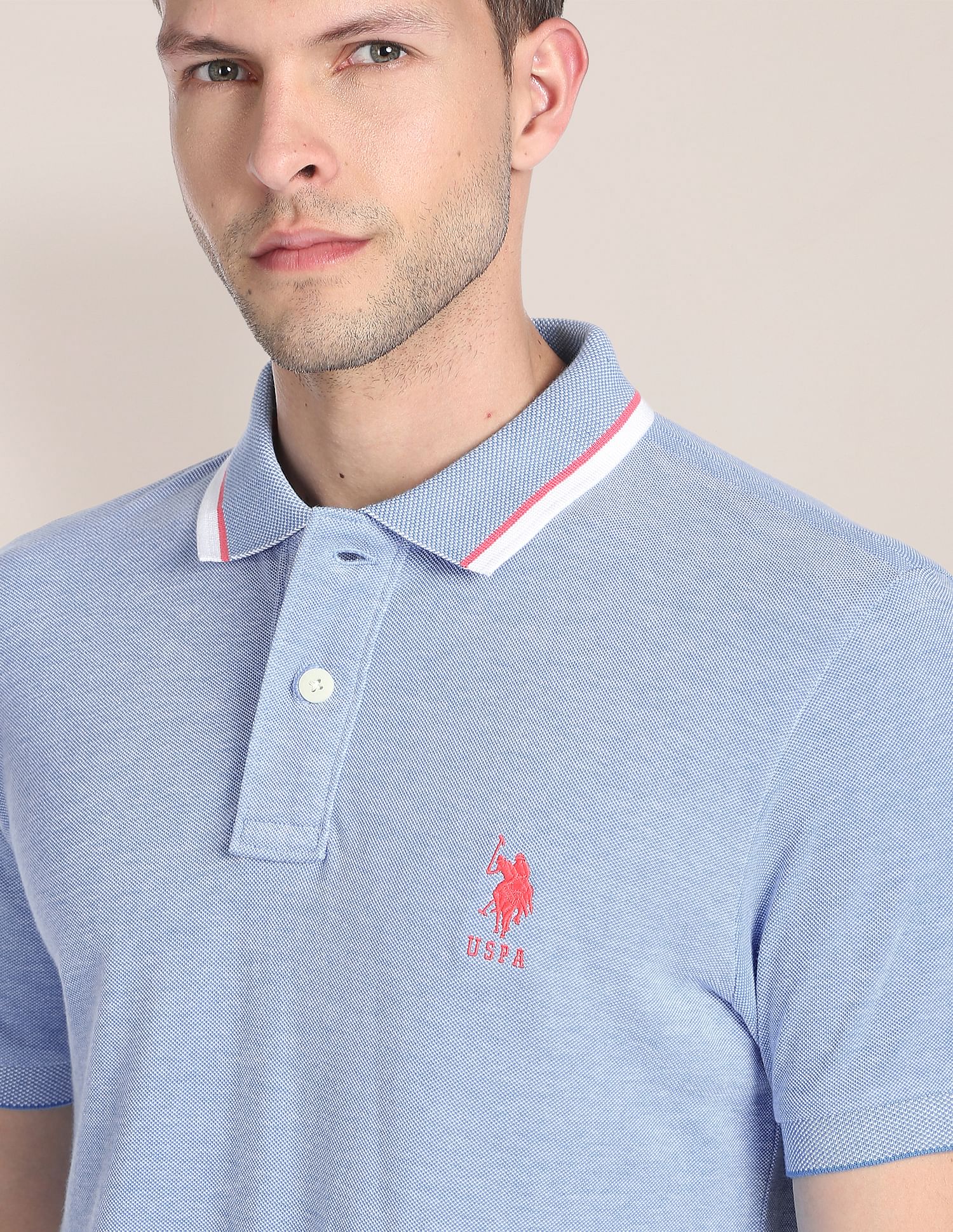 Striped Collar Birdseye Polo Shirt Light Blue - U.S. Polo Assn. India | Large