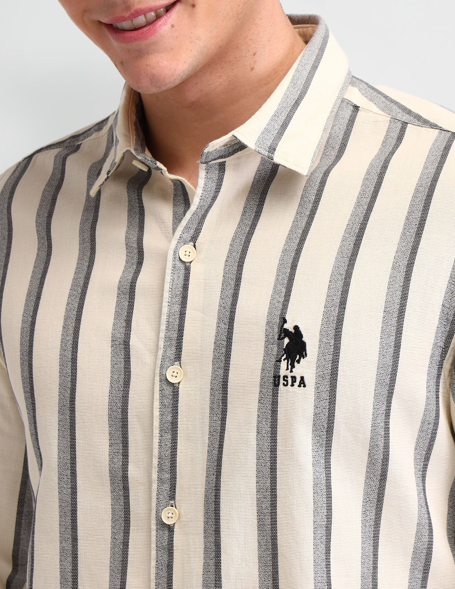 Vertical Striped Slim Fit Shirt Ivory - U.S. Polo Assn. India | Large