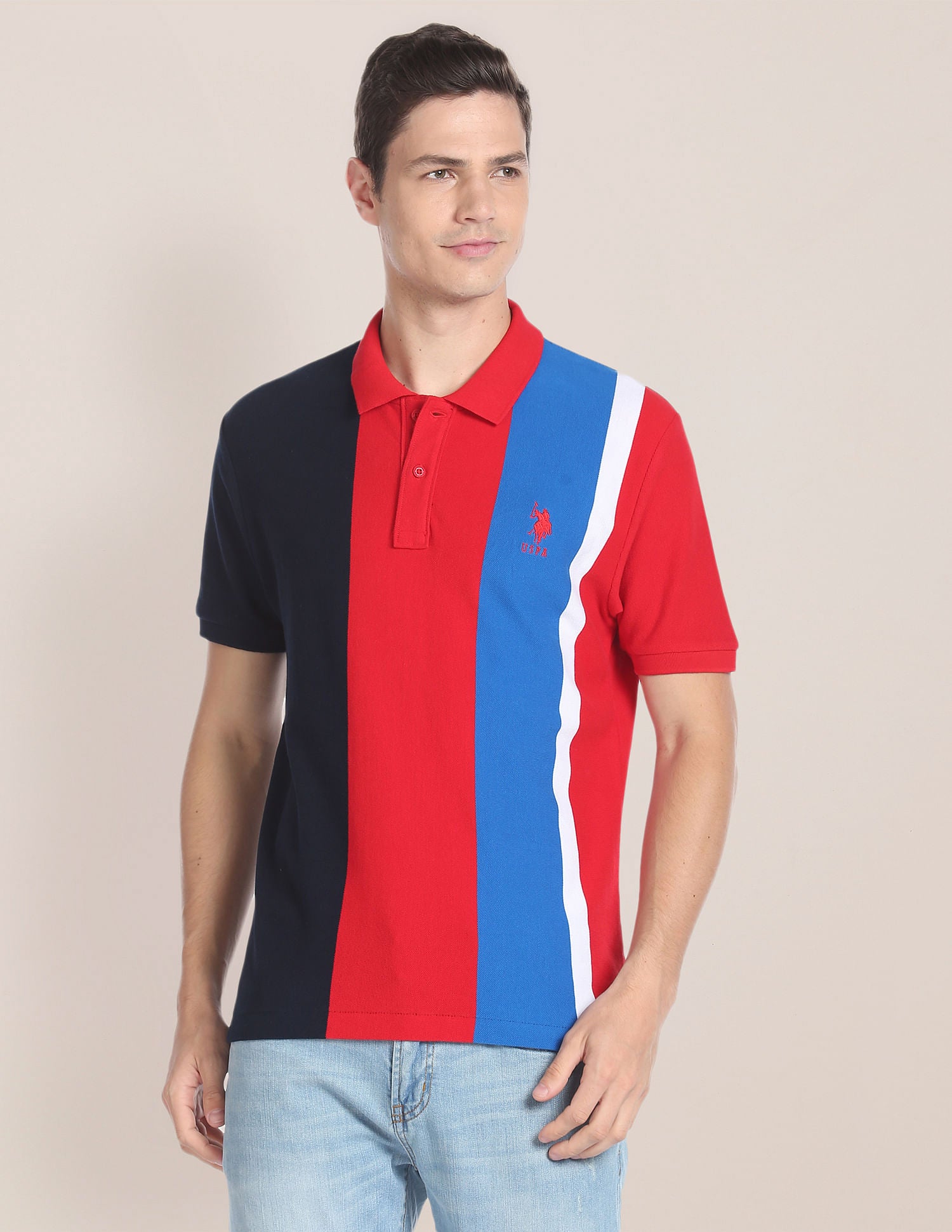 Colour Block Cotton Polo Shirt Red - U.S. Polo Assn. India | Large