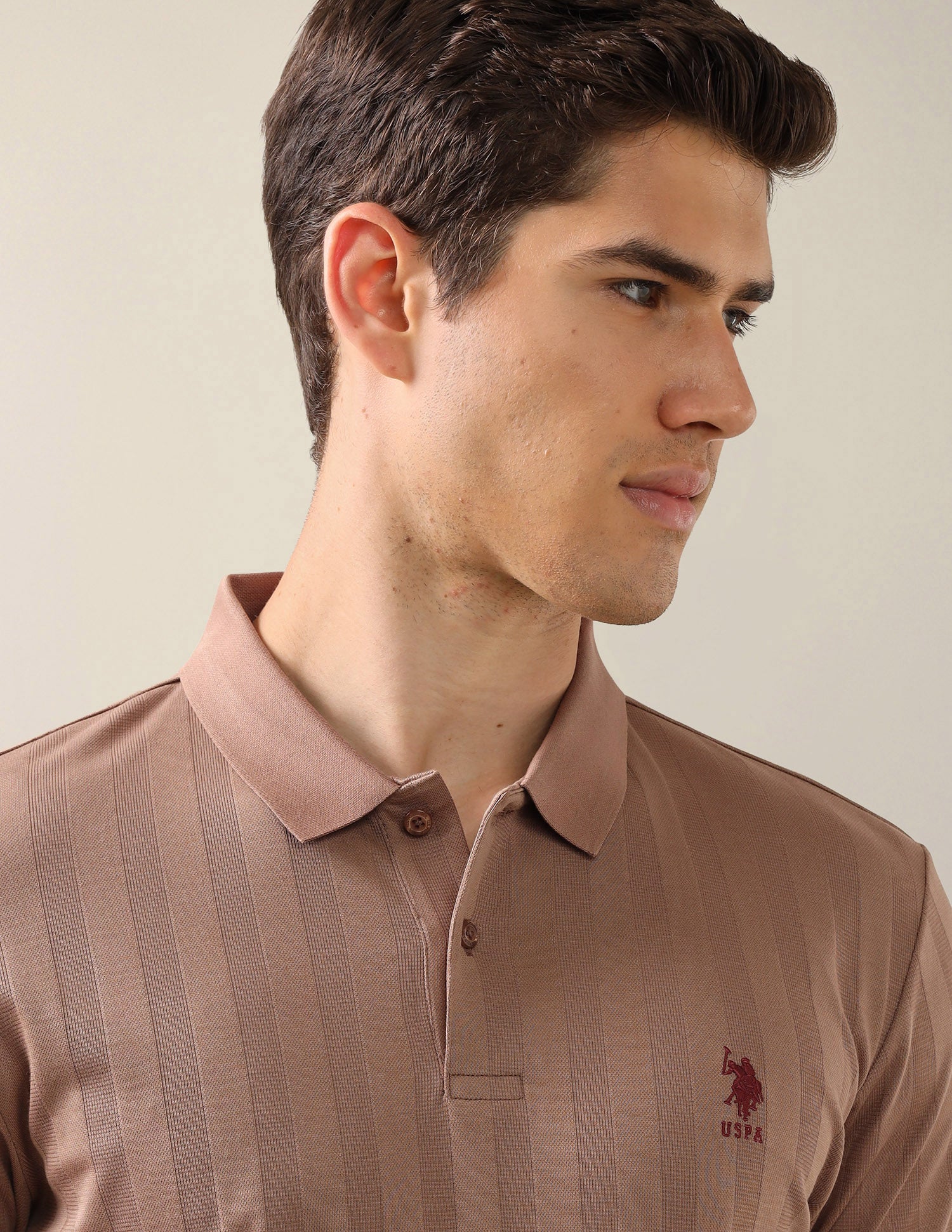 Self Design Vertical Striped Slim Fit Polo Shirt Light Brown - U.S. Polo Assn. India | Large