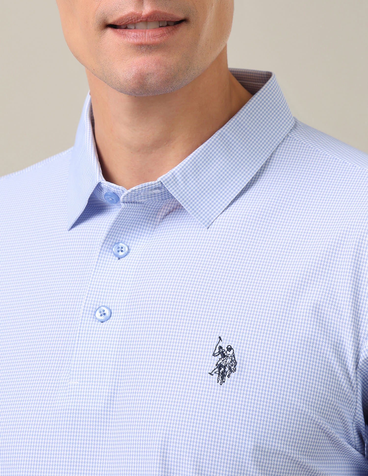 Houndstooth Checked Slim Fit Polo Shirt Light Blue - U.S. Polo Assn. India | Large