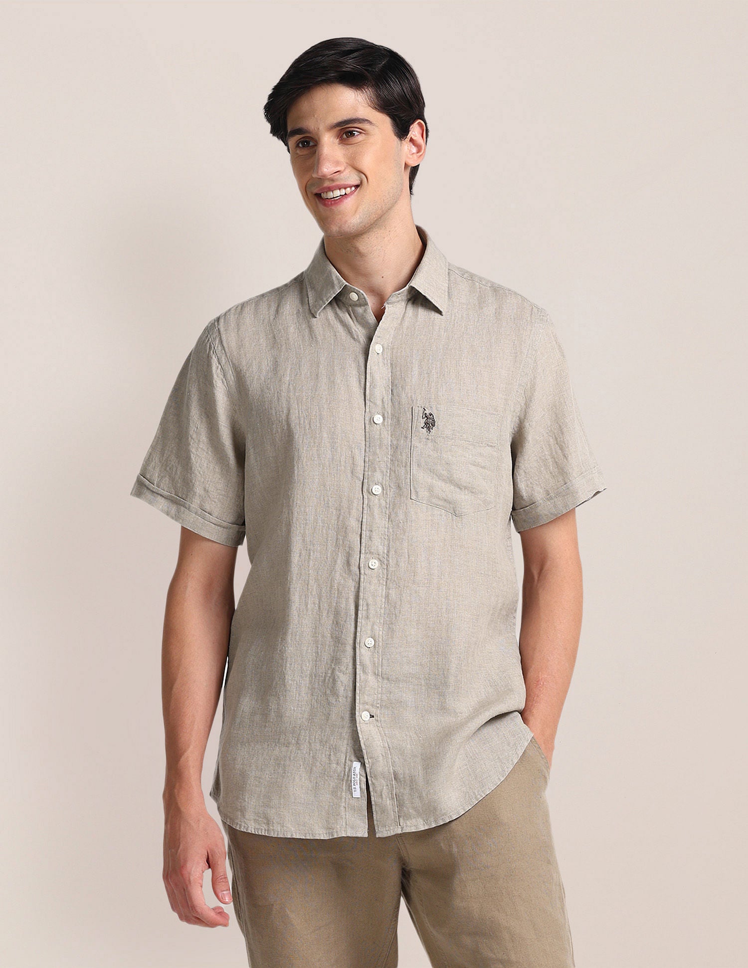 Tailored Fit Linen Shirt Beige - U.S. POLO ASSN. | Large