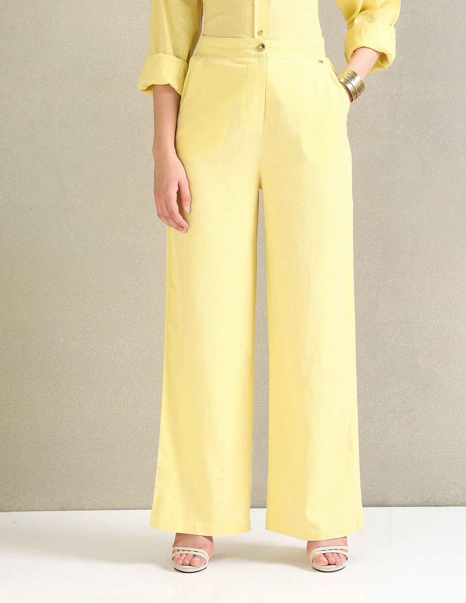 Linen Wide Leg Trousers Yellow - U.S. Polo Assn. India | Large