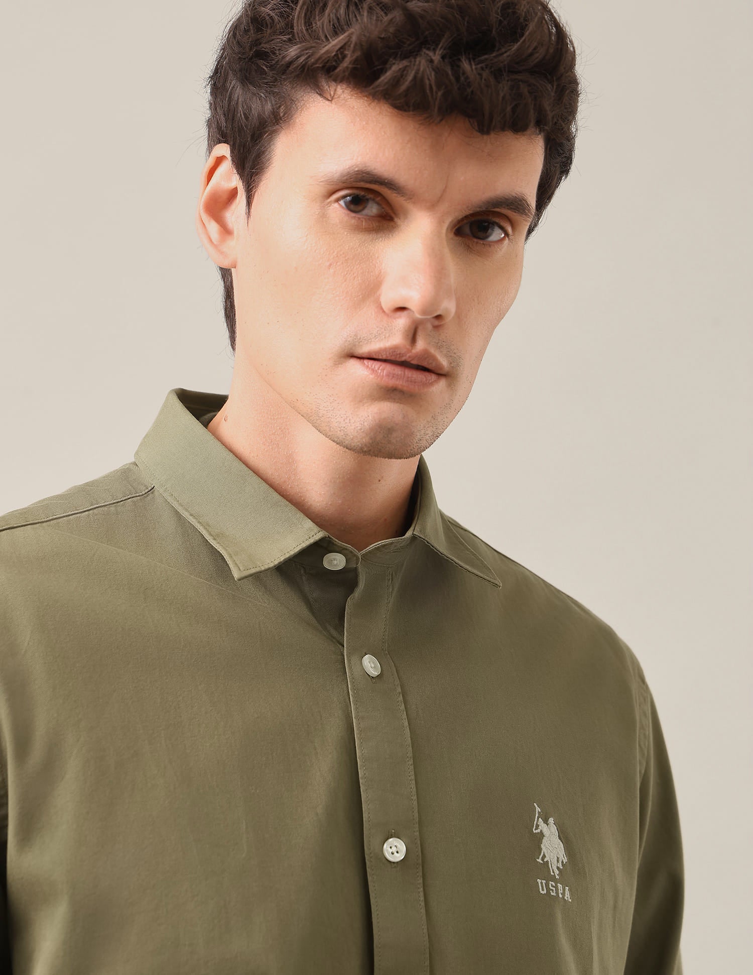 Slim Fit Cotton Shirt Dark Green - U.S. Polo Assn. India | Large