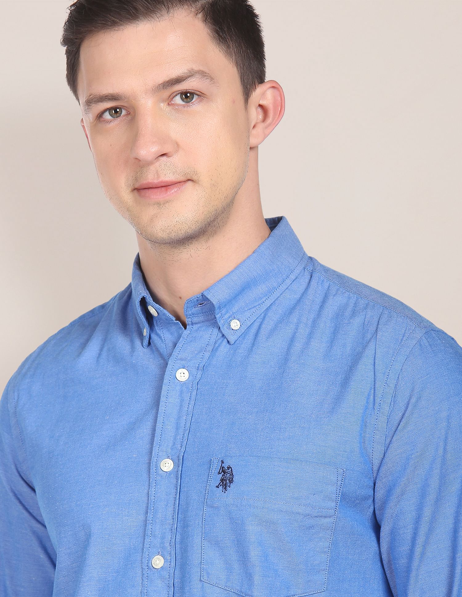 Men Blue Button Down Collar Oxford Casual Shirt Blue - U.S. POLO ASSN. | Large