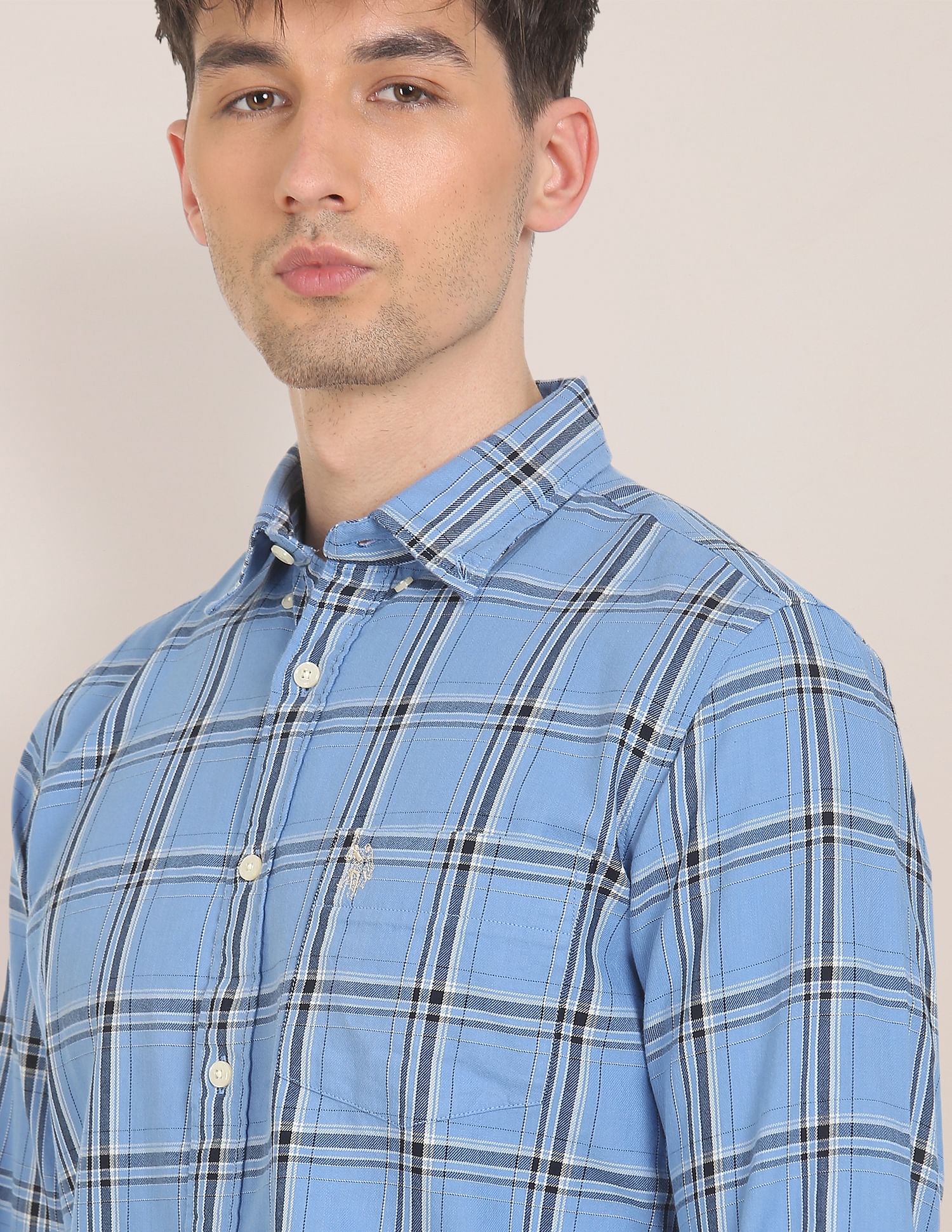 Men Blue Button-Down Collar Check Casual Shirt Blue - U.S. POLO ASSN. | Large