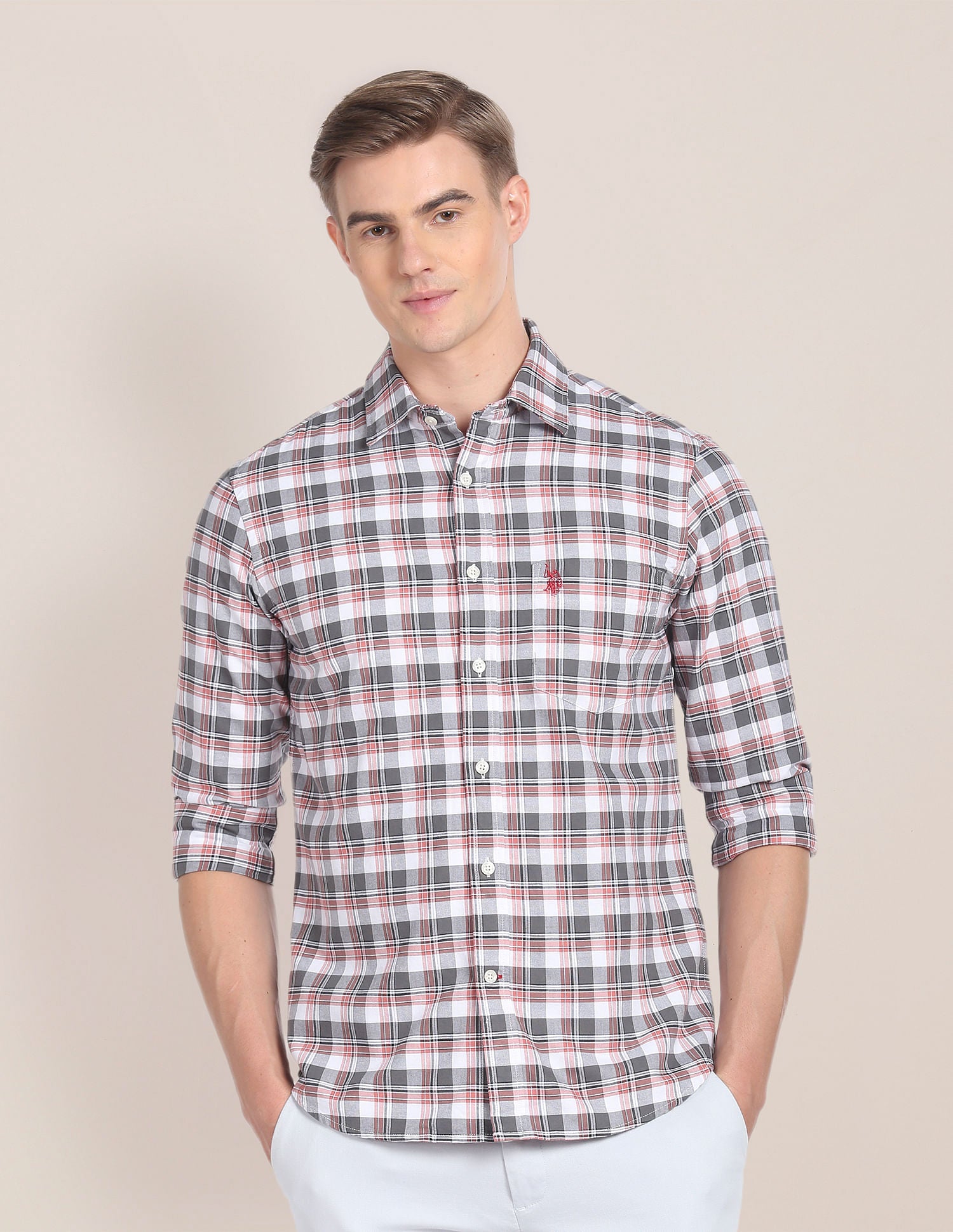 Tartan Check Cotton Shirt Grey and Rust - U.S. Polo Assn. India | Large