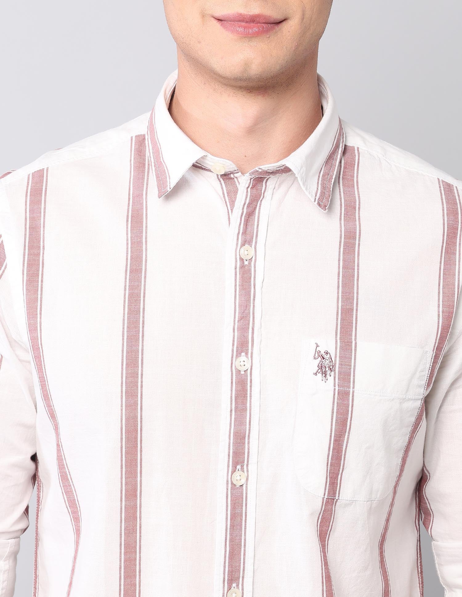 Vertical Striped Pure Cotton Shirt Light Red - U.S. Polo Assn. India | Large
