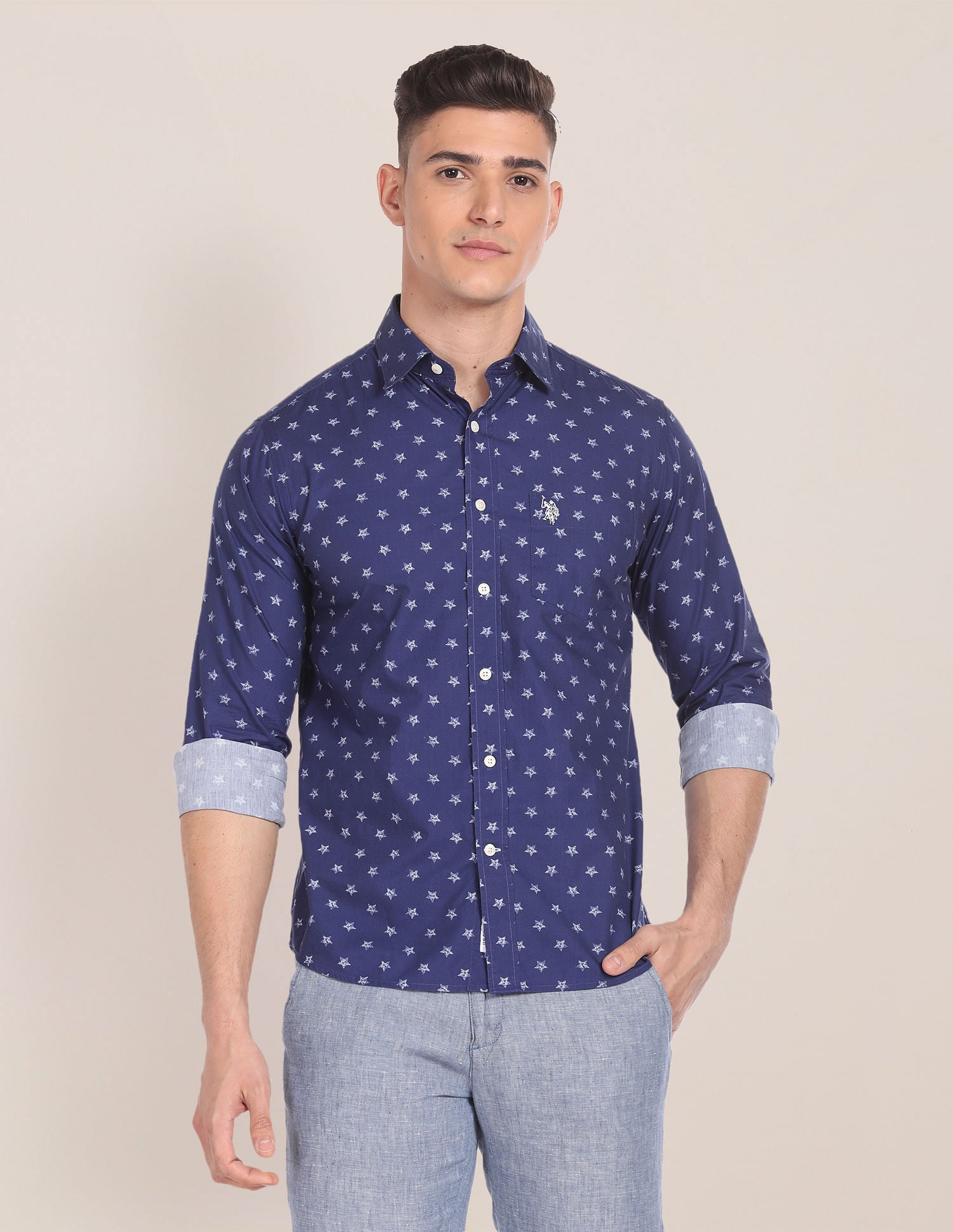 Spread Collar Geometric Print Shirt Navy - U.S. Polo Assn. India | Large