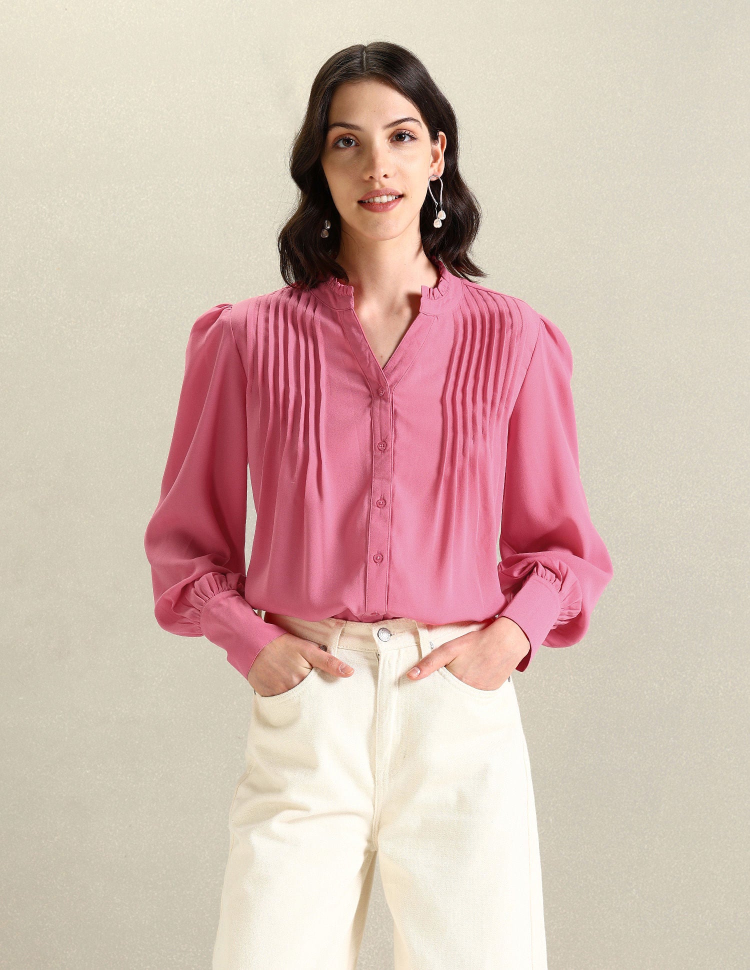 Front Pleat Mandarin Collar Top Pink - U.S. POLO ASSN. | Large