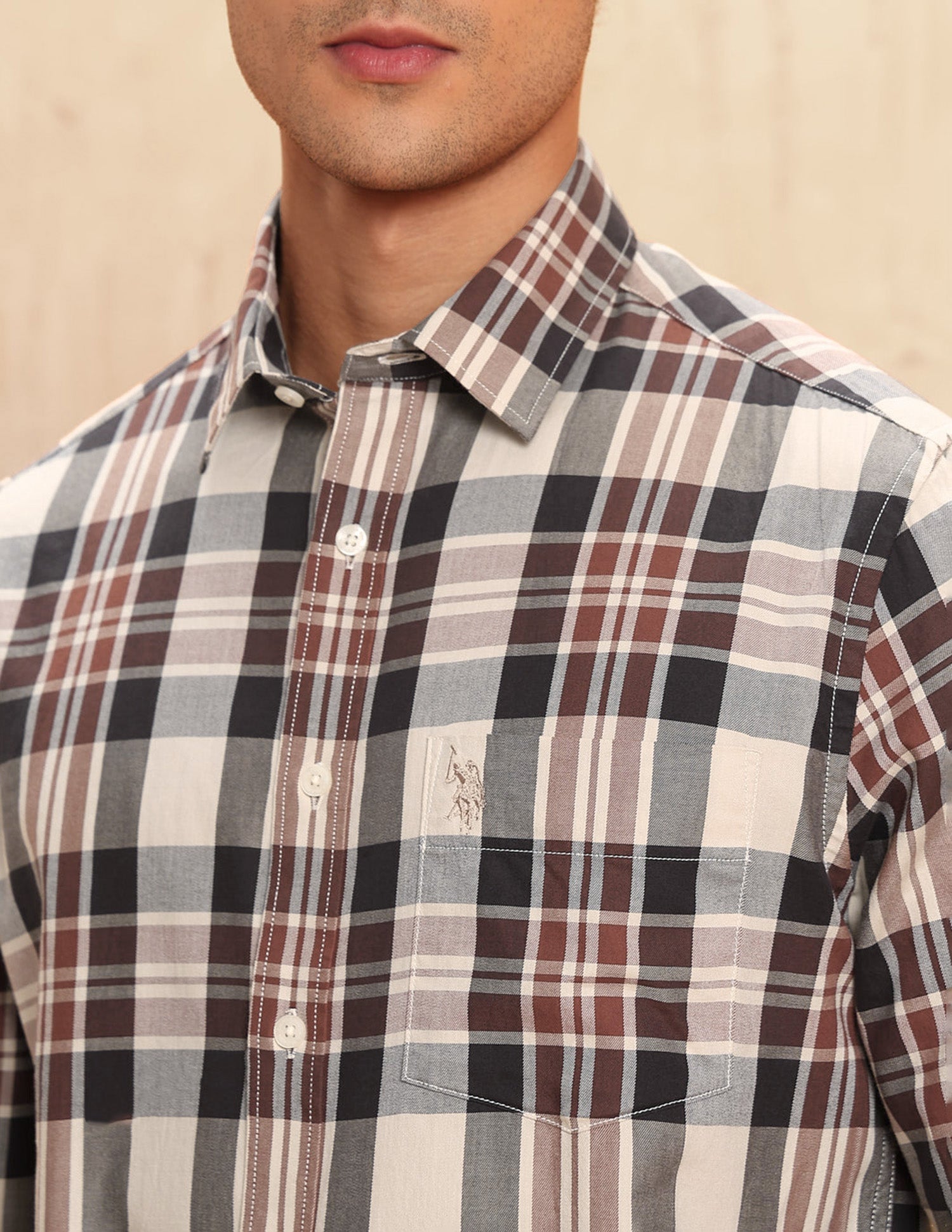 Twill Tartan Checked Shirt Beige - U.S. POLO ASSN. | Large