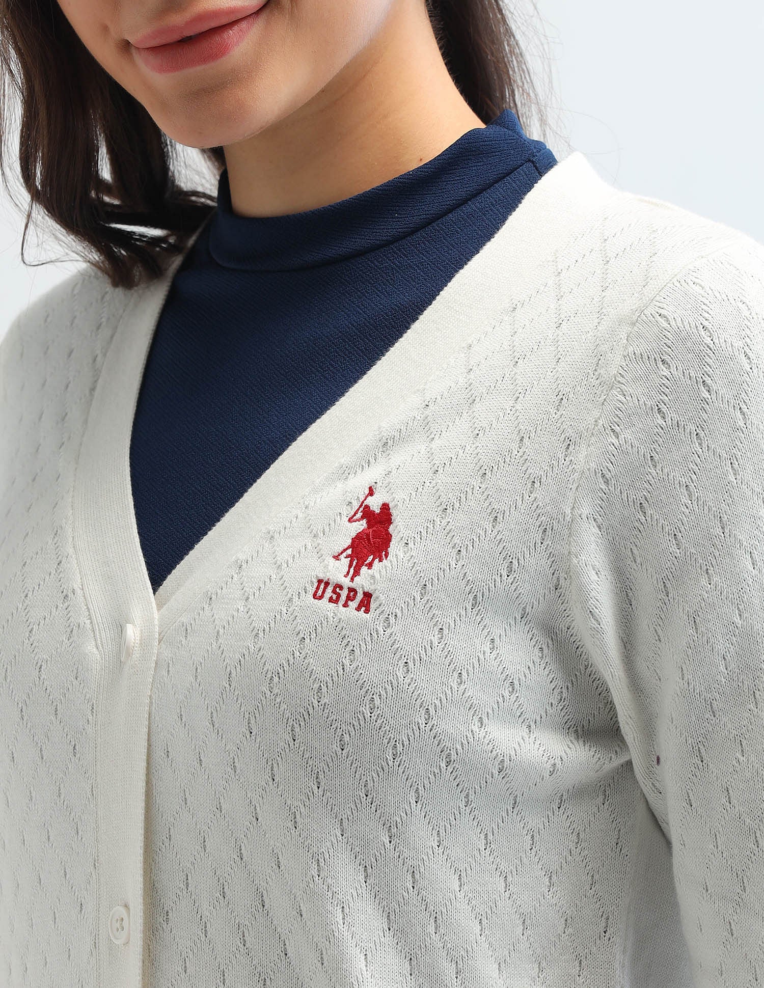 Cable Knit Tipped Cardigan Off White - U.S. Polo Assn. India | Large
