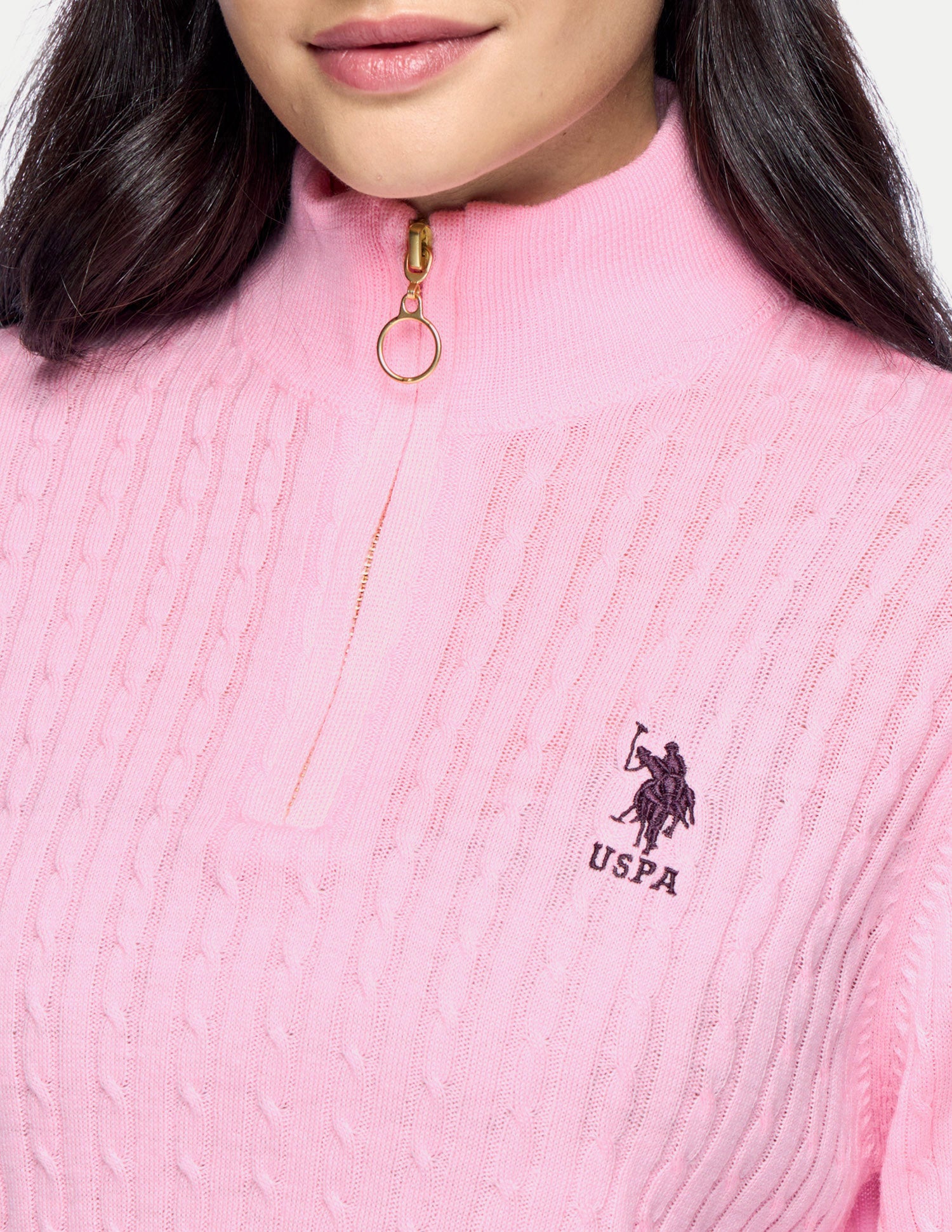 Cable Patterned Knit Regular Fit Sweater Pink - U.S. Polo Assn. India | Large