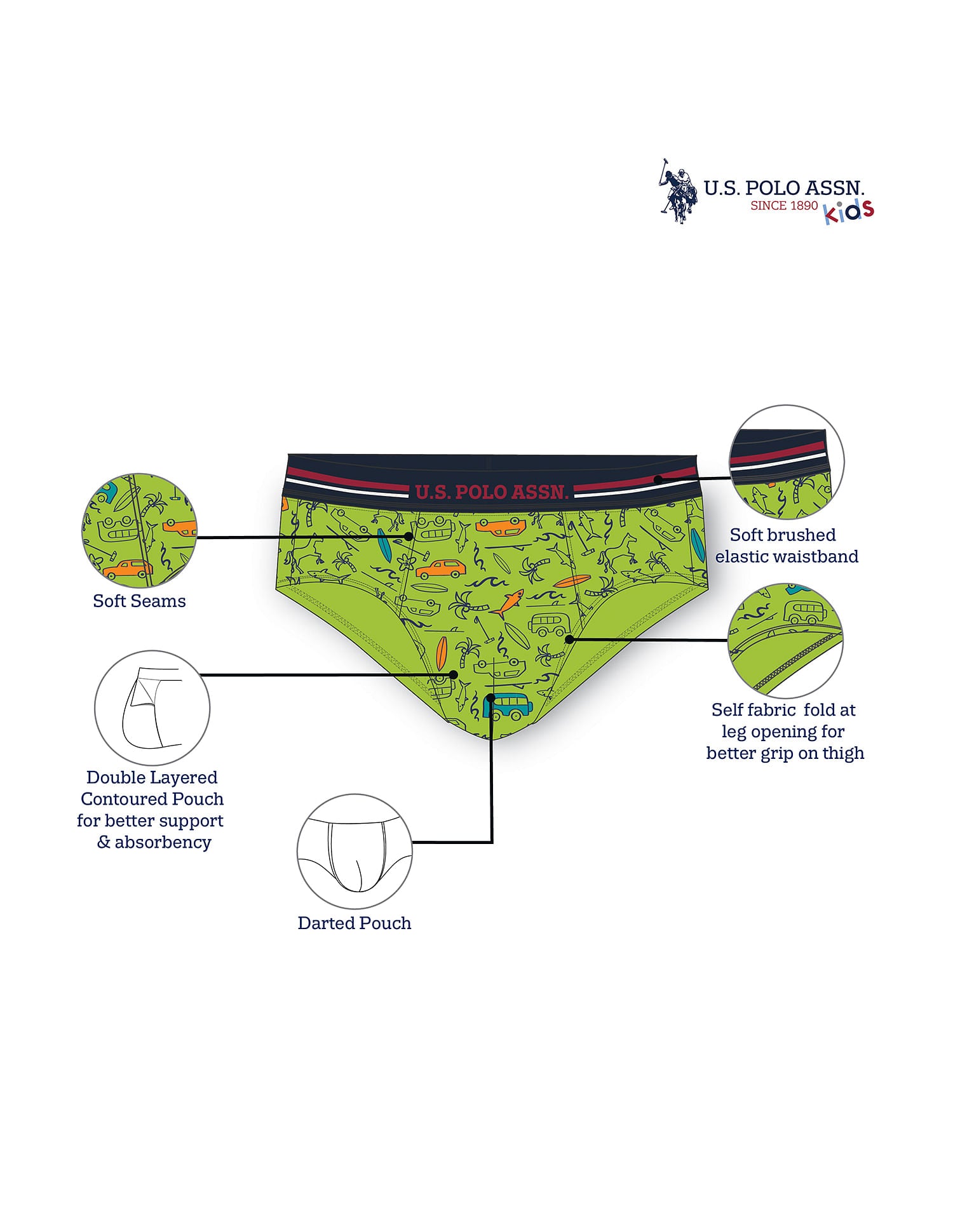 Mid Rise Cotton Spandex IKBB Briefs - Pack Of 3 Lime, Navy and Orange - U.S. POLO ASSN. | Large