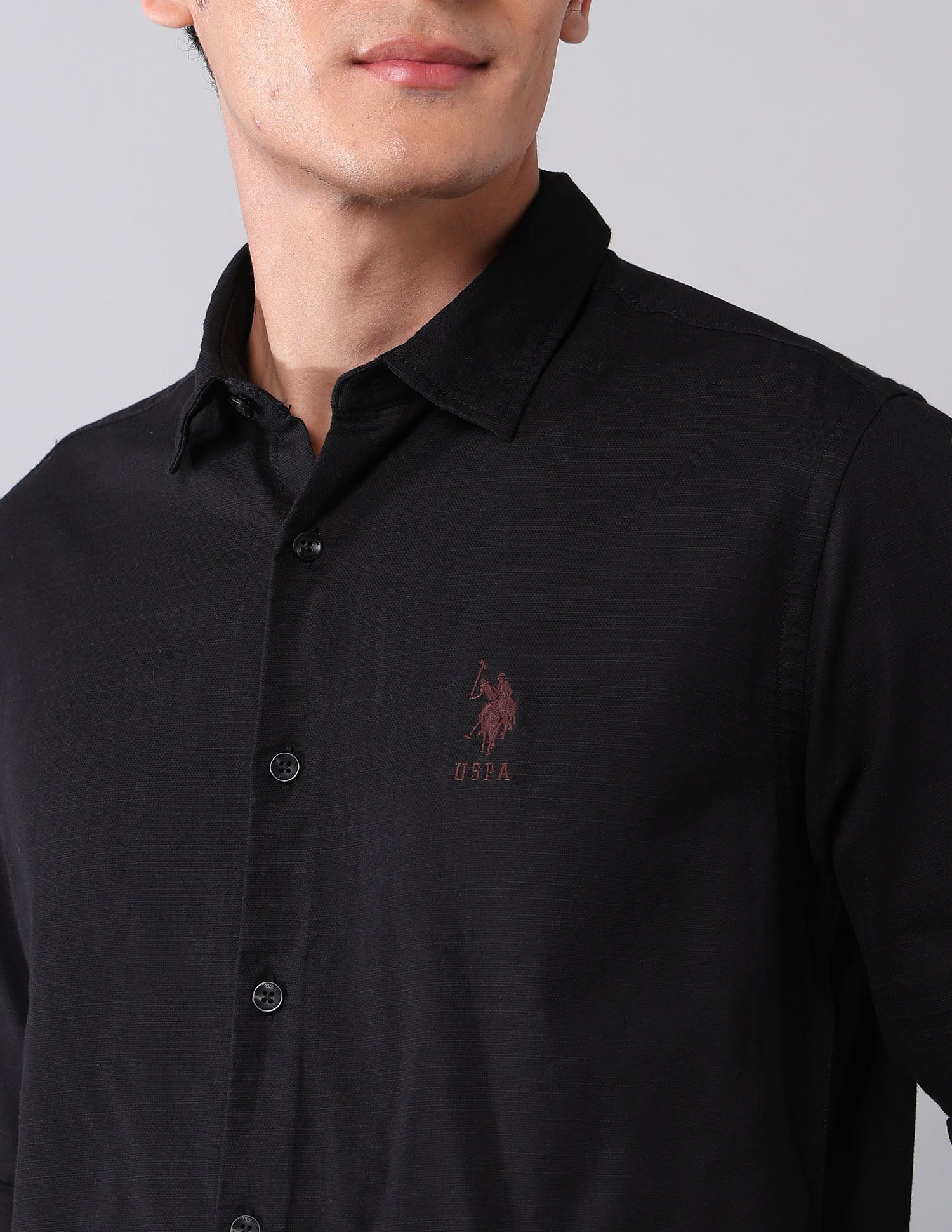 Pure Cotton Regular Fit Dobby Shirt Black - U.S. Polo Assn. India | Large