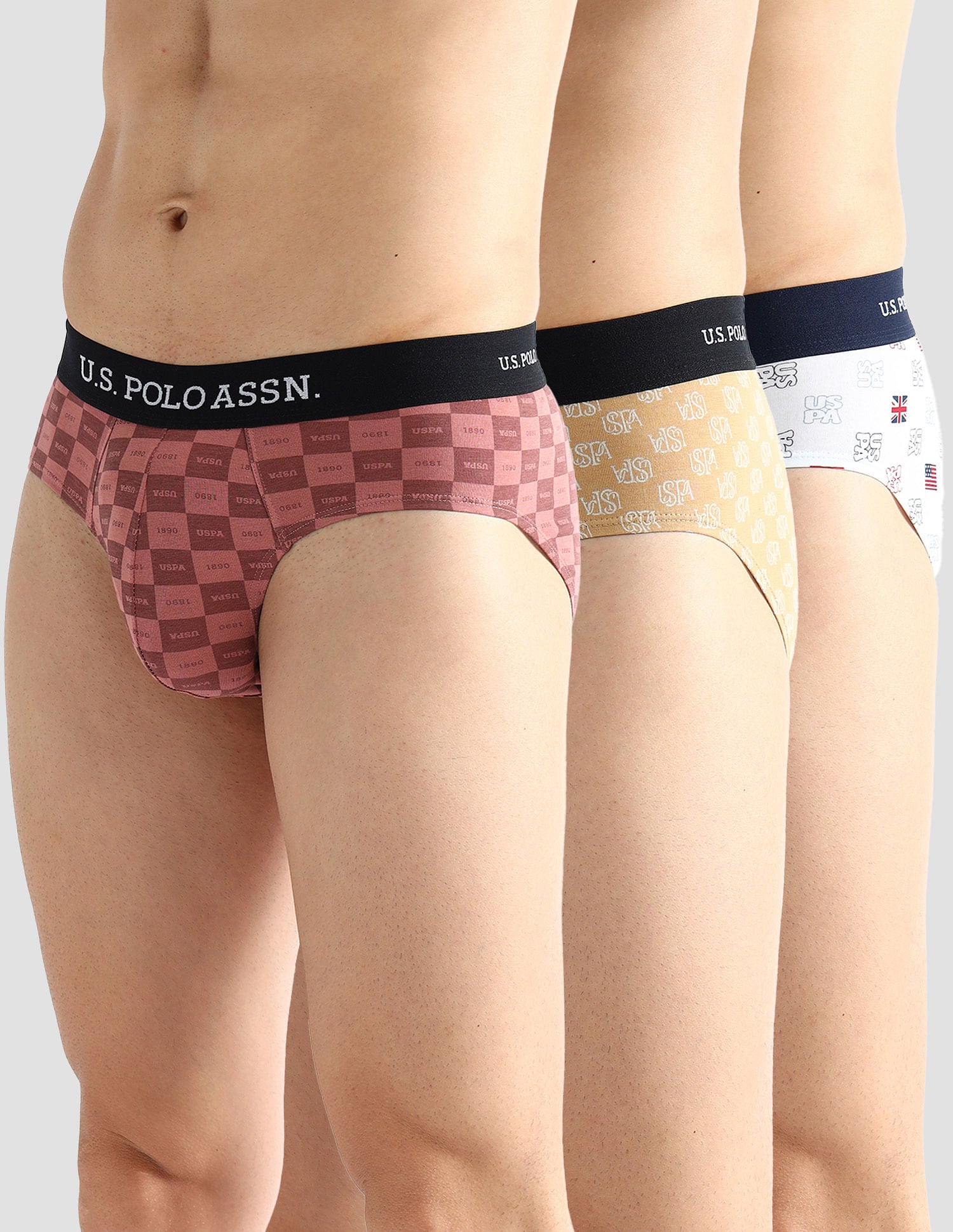 Elasticized Waist Solid OEB14 Briefs - Pack Of 3 Old Rose, Iced Coffee and White - U.S. POLO ASSN. | Large