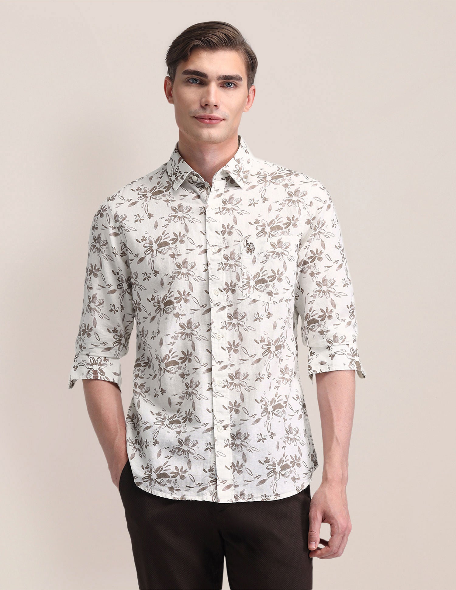 Tailored Fit Printed Shirt Beige - U.S. POLO ASSN. | Large