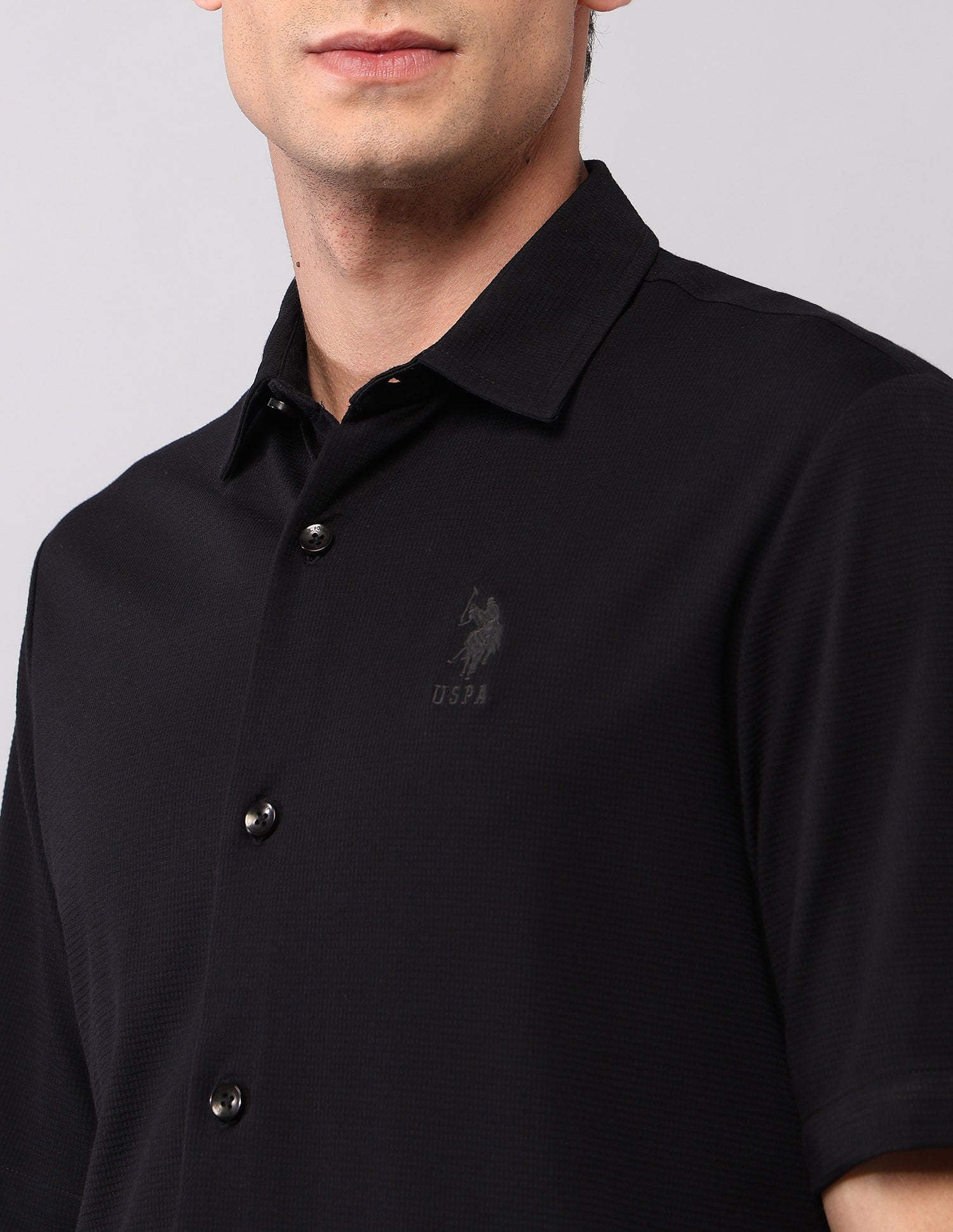 Relaxed Fit Knitted Pure Cotton Shirt Black - U.S. Polo Assn. India | Large