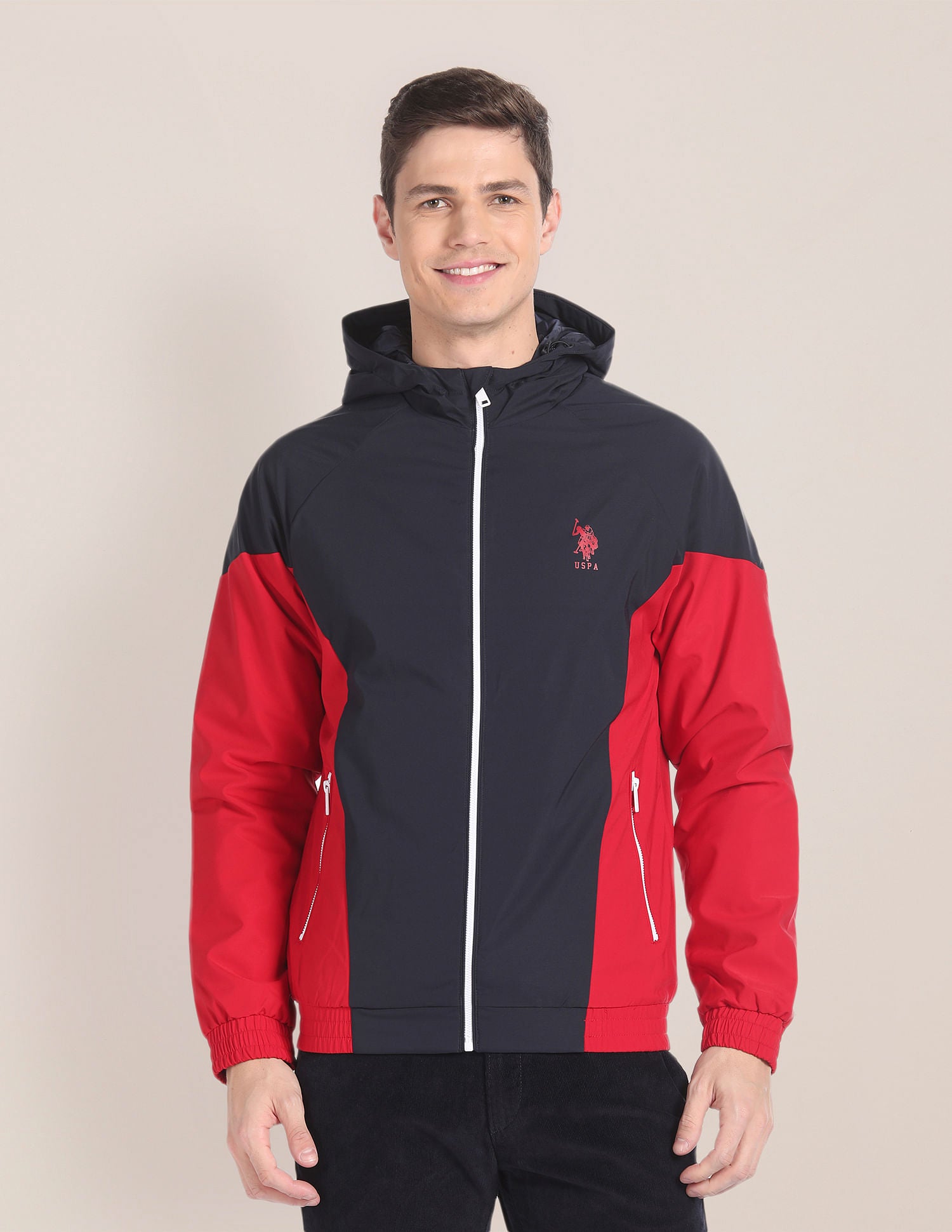 Colour Block Logo Hooded Jacket Navy and Red - U.S. POLO ASSN. | Large