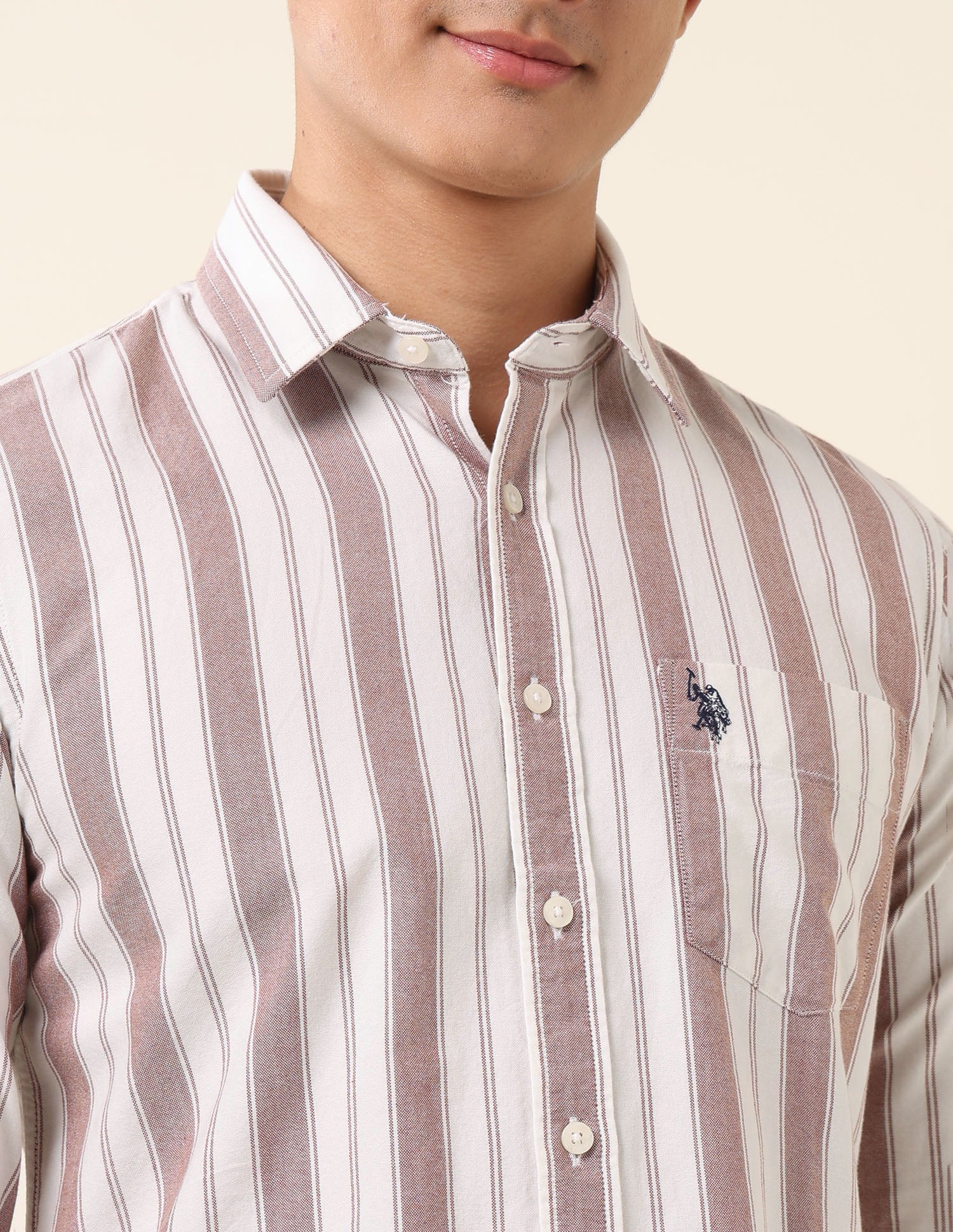 Vertical Striped Pure Cotton Shirt Brown - U.S. Polo Assn. India | Large