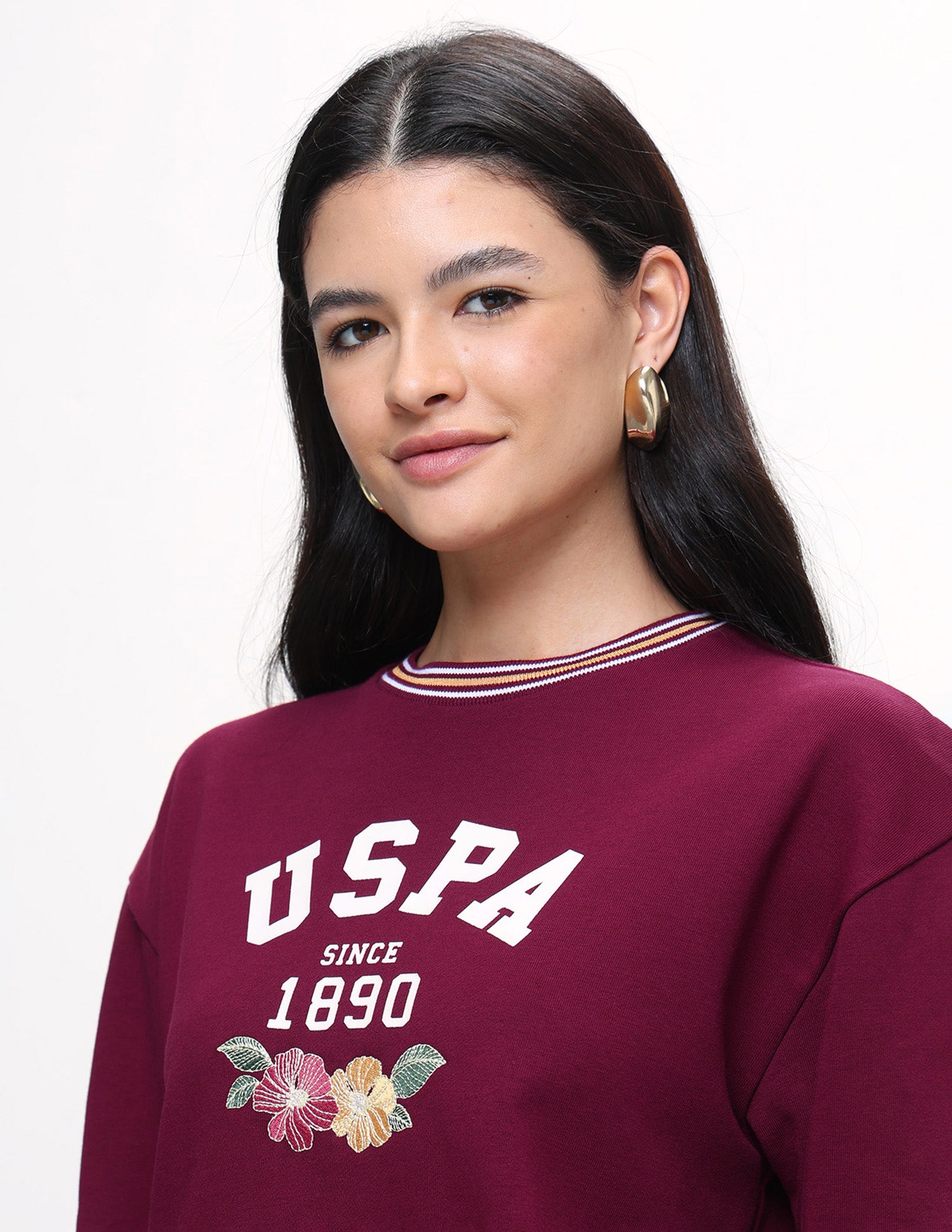 Brand Floral Embroidered Relaxed Fit Sweatshirt Maroon - U.S. Polo Assn. India | Large