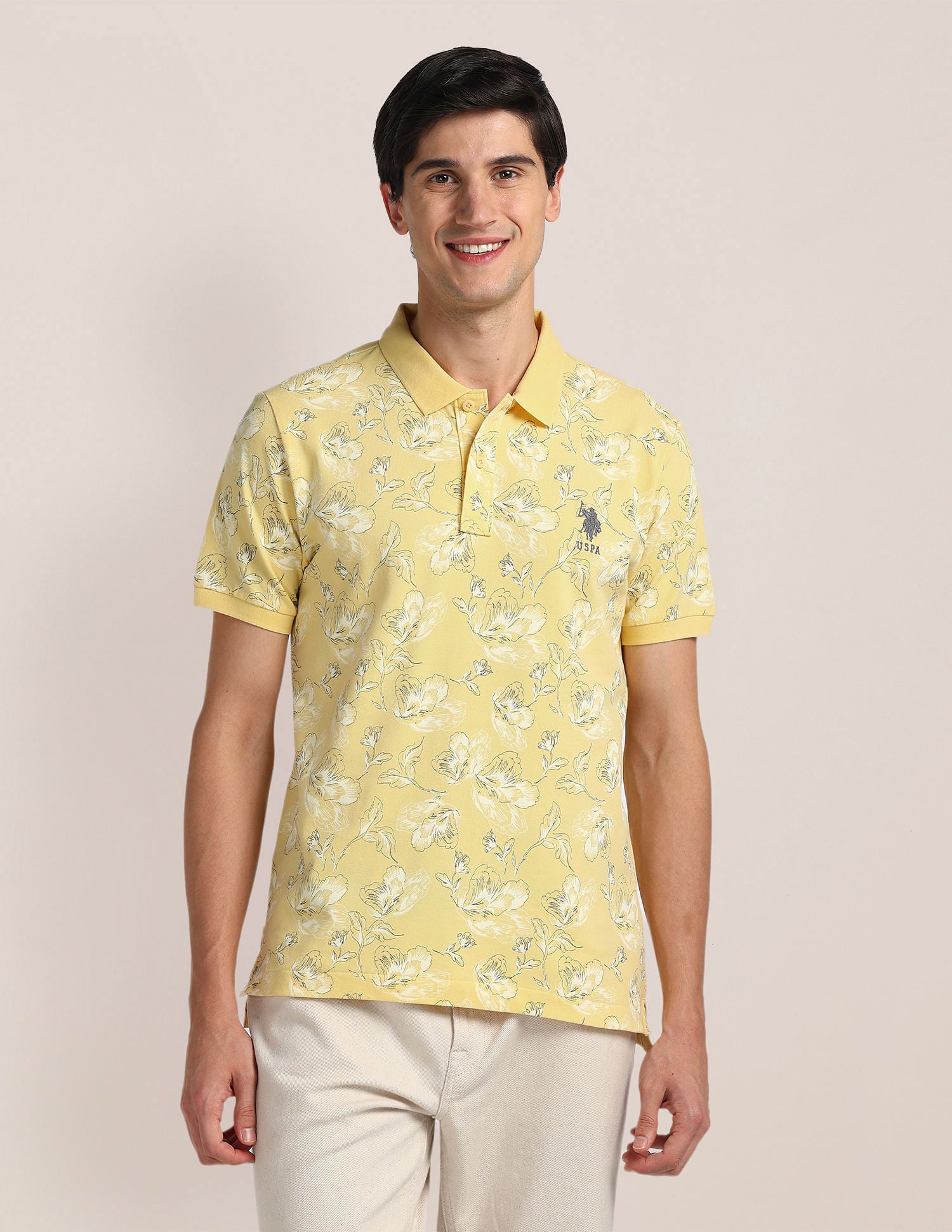 Slim Fit Floral Print Polo Shirt Yellow - U.S. Polo Assn. India | Large