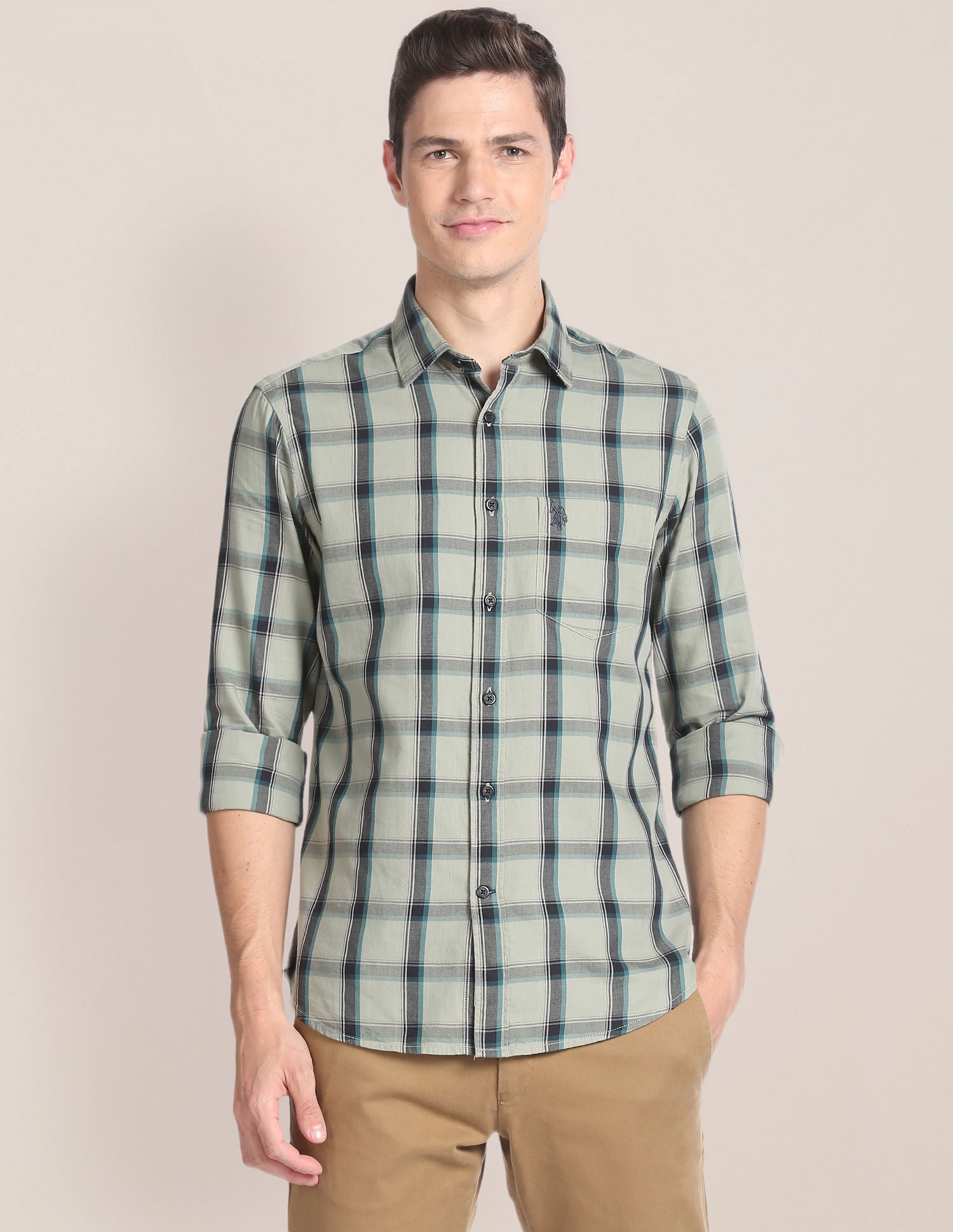 Tartan Check Twill Shirt Light Olive - U.S. Polo Assn. India | Large