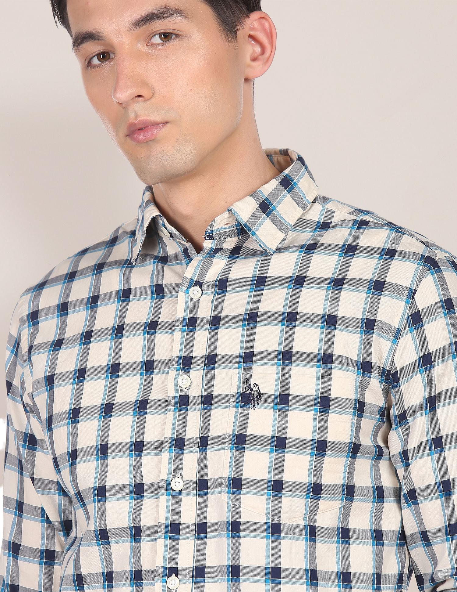 Men Off White Spread Collar Check Casual Shirt Off White - U.S. POLO ASSN. | Large